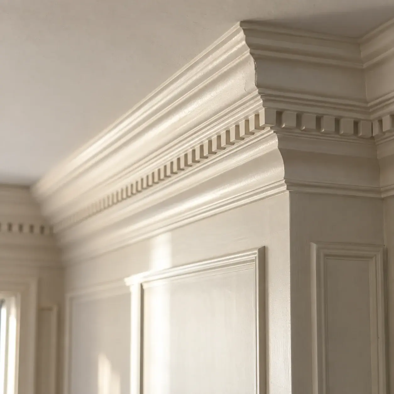 Close detail of a fibrous plaster cornice with dentil moulding, lit from the side