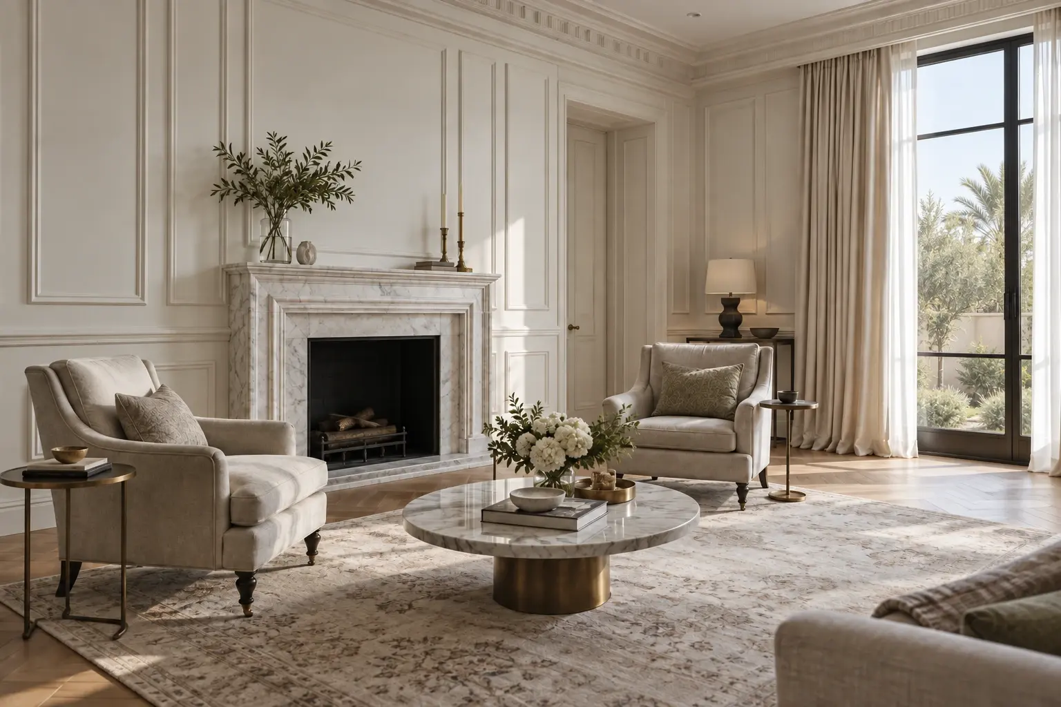 Neoclassical reception room in Dubai with panelled walls, a marble fireplace and full-height drapery