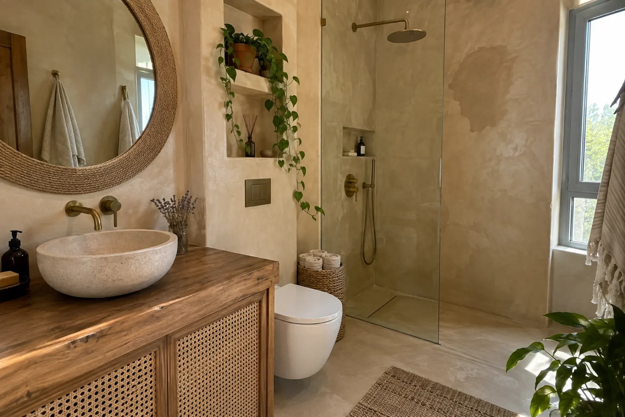 Tadelakt bathroom with a rattan-fronted timber vanity, aged brass fittings and planting