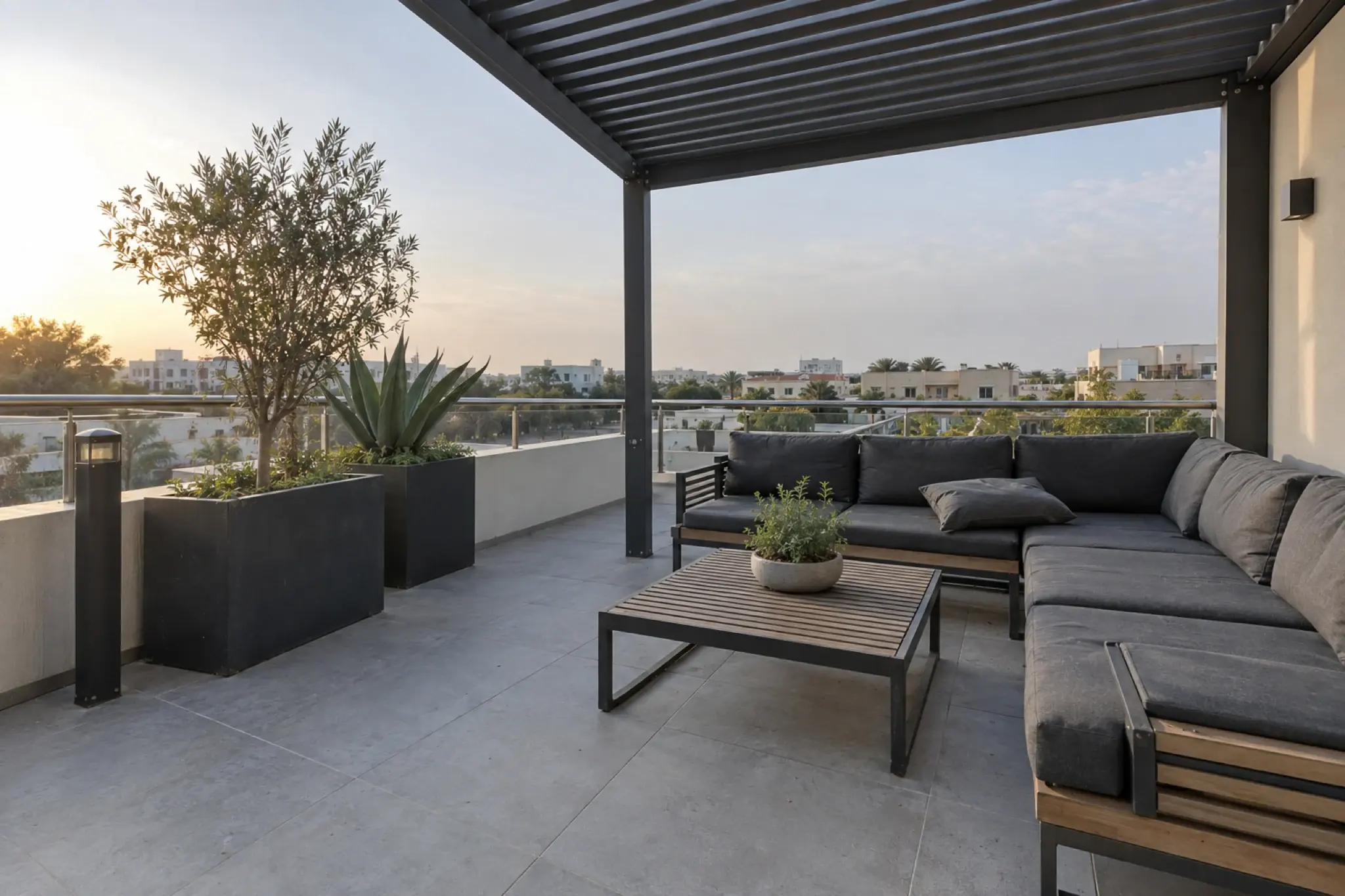 Apartment terrace with a graphite steel pergola, stainless handrail and charcoal seating