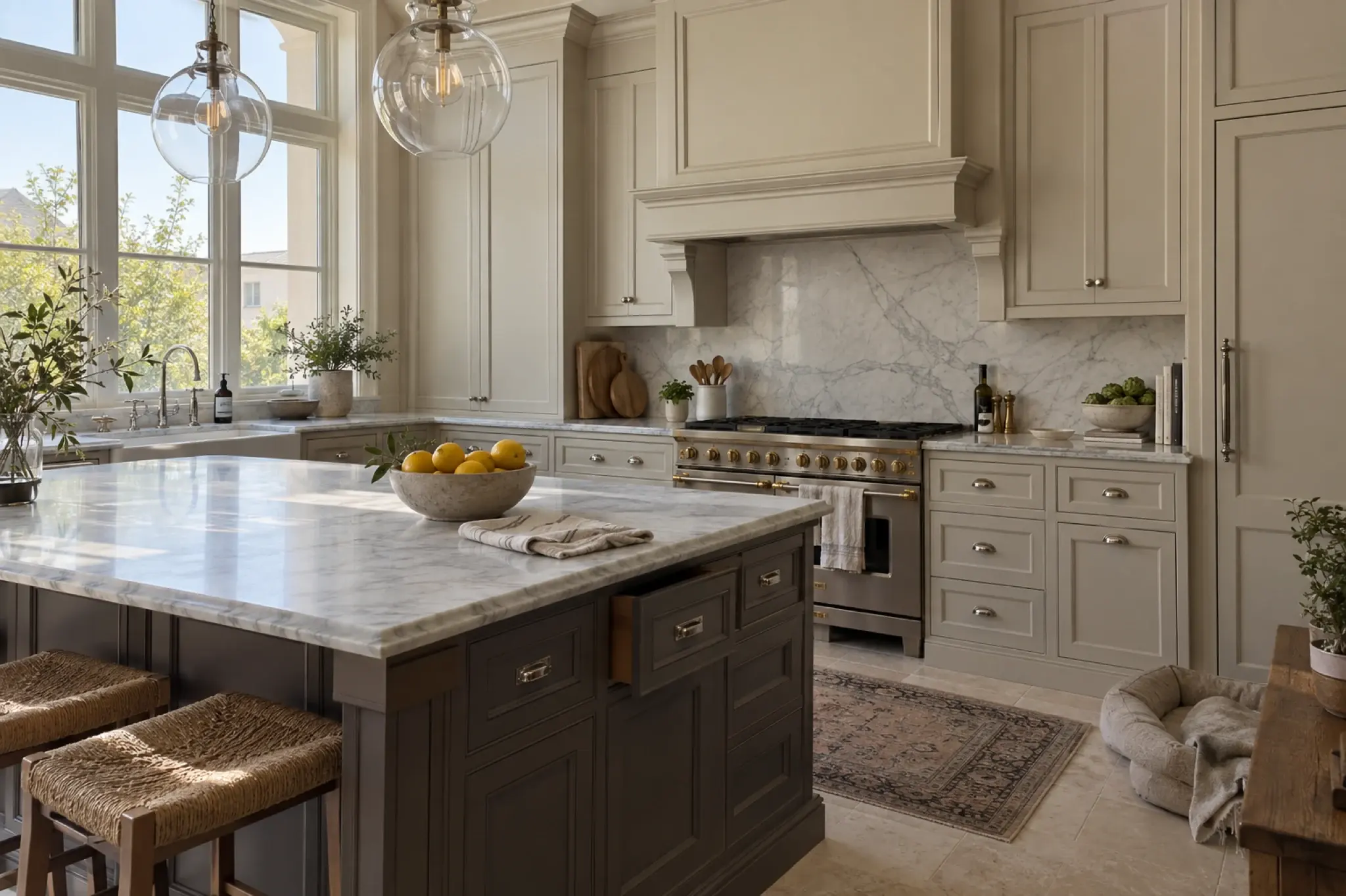 Classic kitchen with painted in-frame cabinetry, glass pendants and a marble-topped island