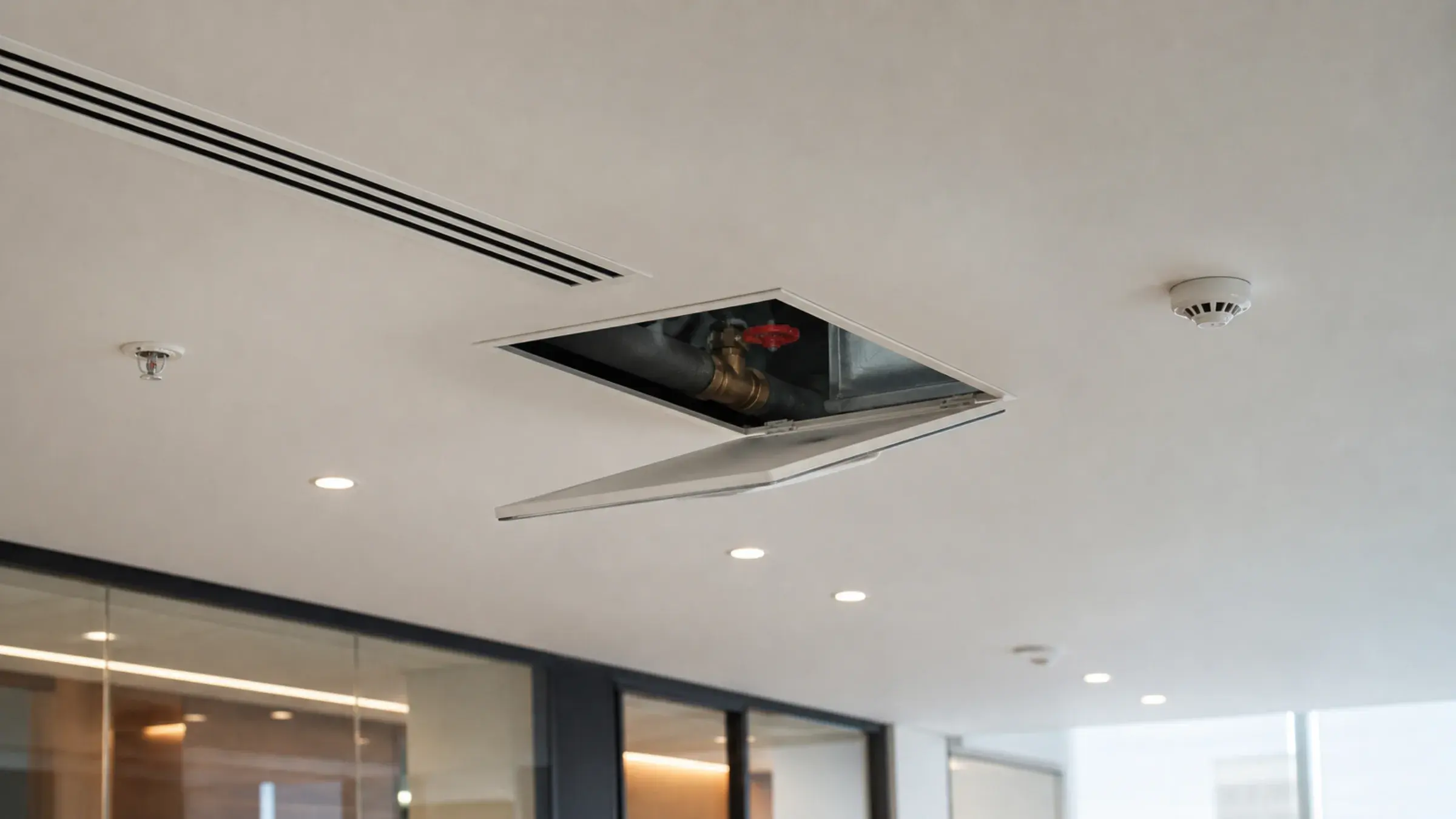 Flush plaster-in access panel dropped open in a Dubai office ceiling, showing a valve and lagged pipework in the void, set out in line with the slot diffuser and downlights