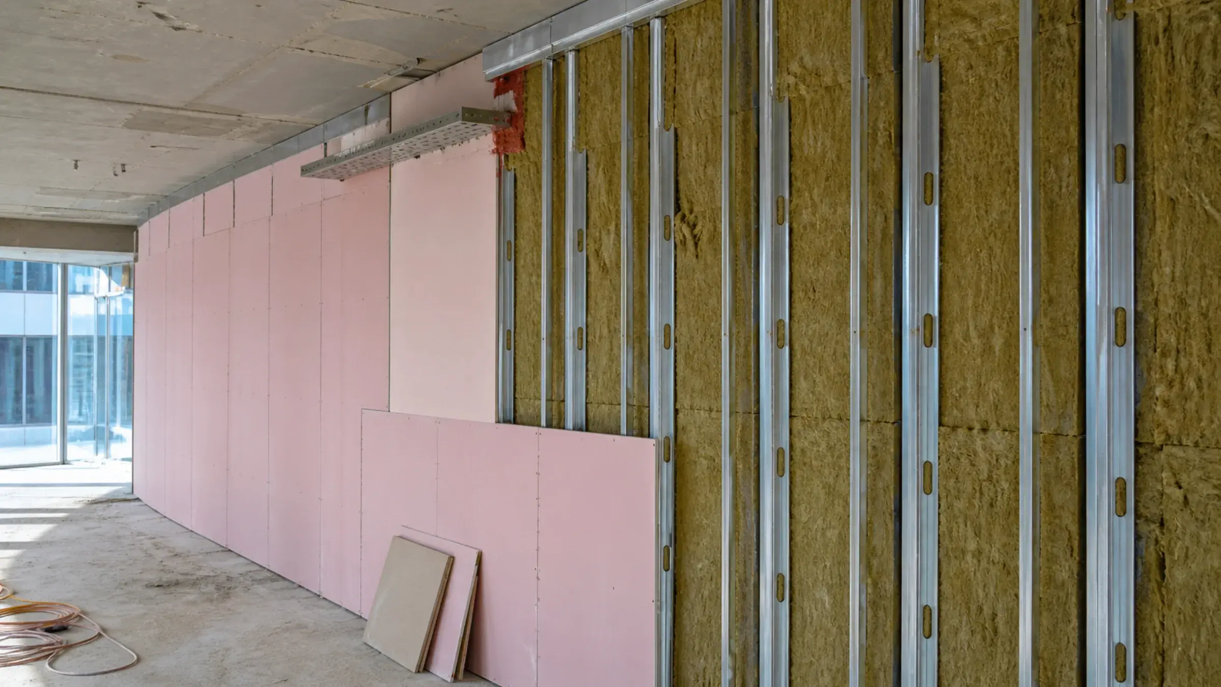 Fire-rated partition under construction in Dubai — pink fire board on one face, galvanised studs and mineral wool open on the other, built up to the concrete soffit with the cable tray penetration fire-stopped