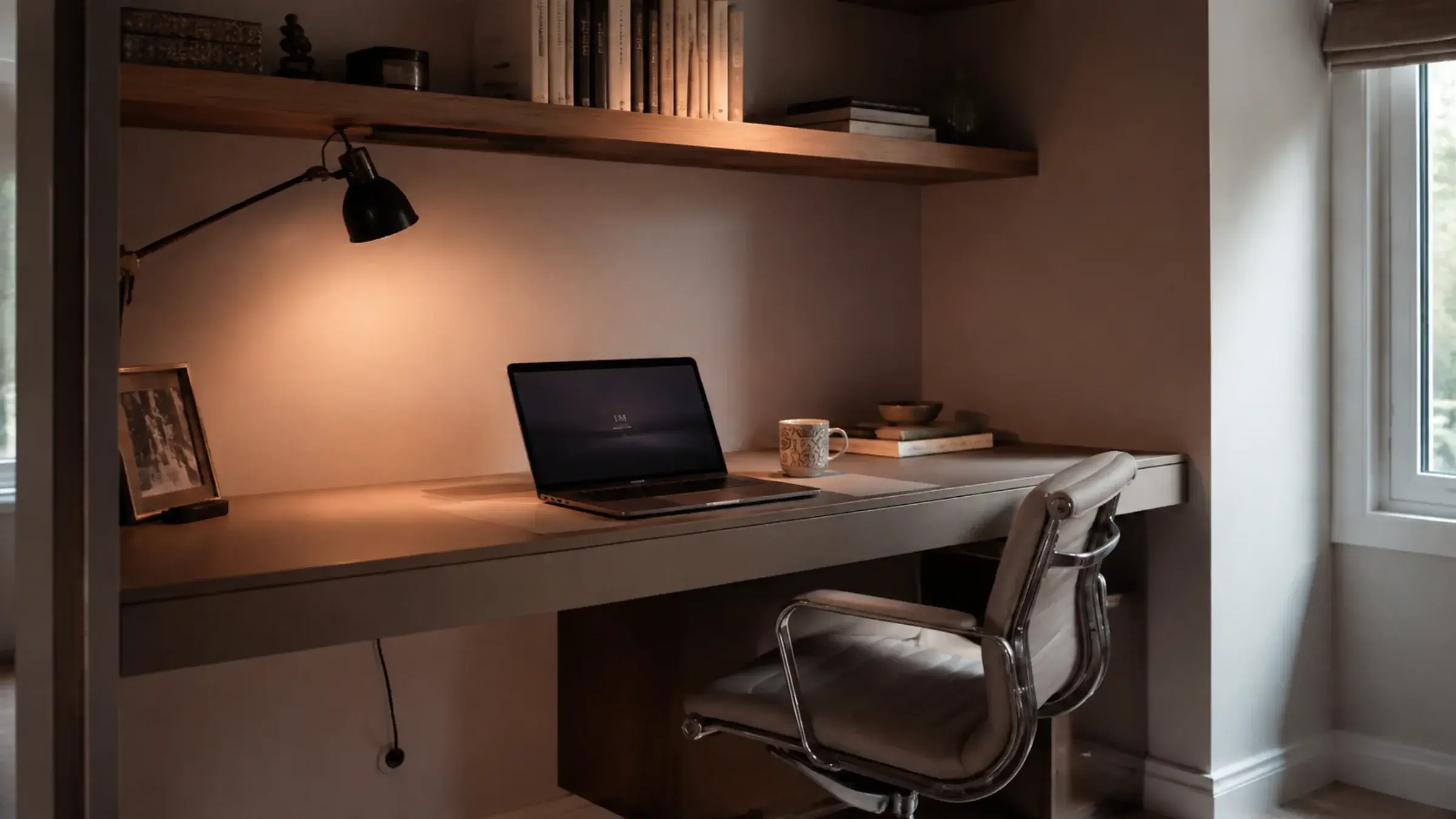 Built-in floating desk with a return shelf, a laptop asleep beside a mug and stacked books, lit by a warm task lamp