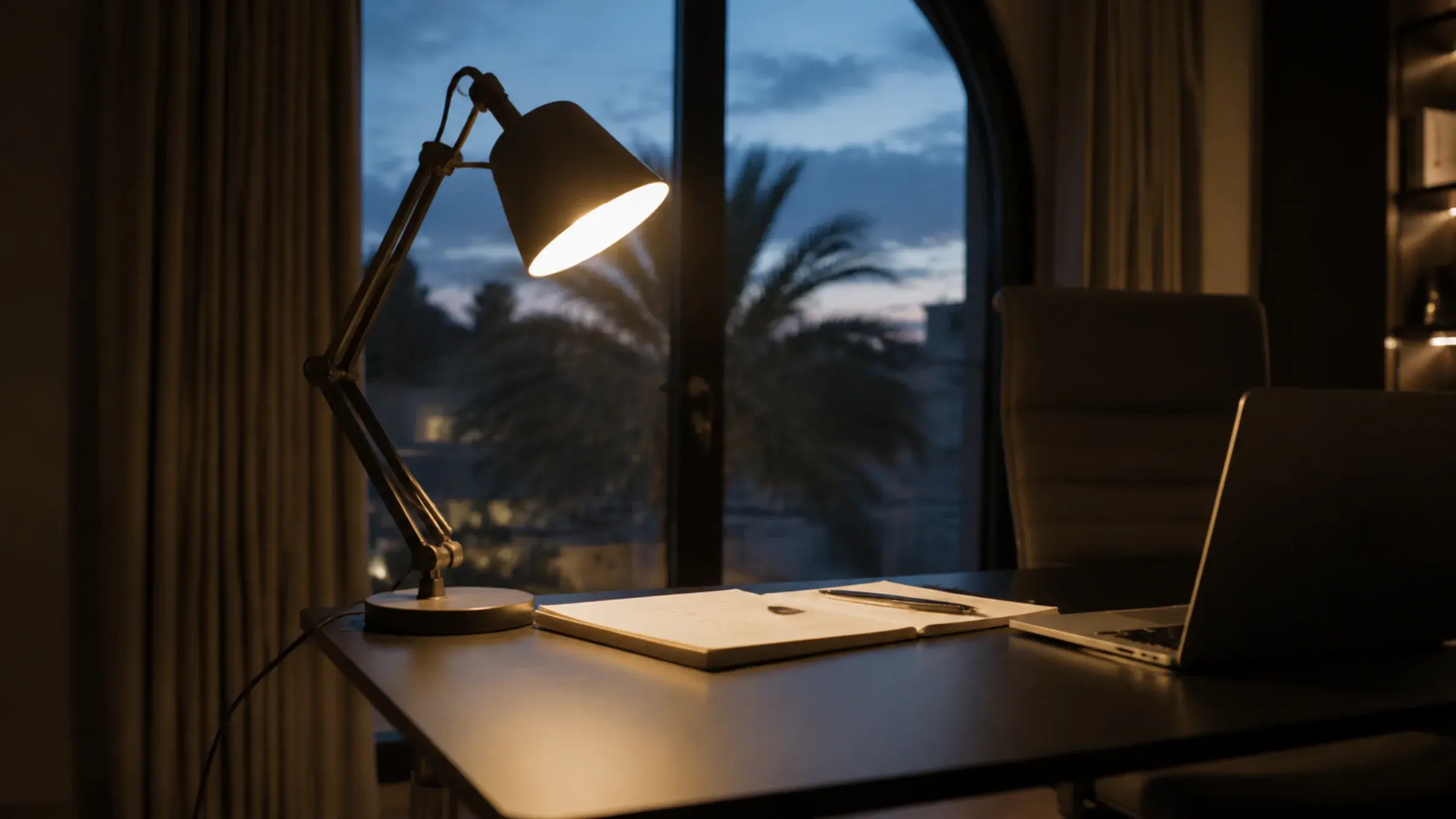 Warm task lamp angled over a desk at dusk, daylight fading blue in the window behind