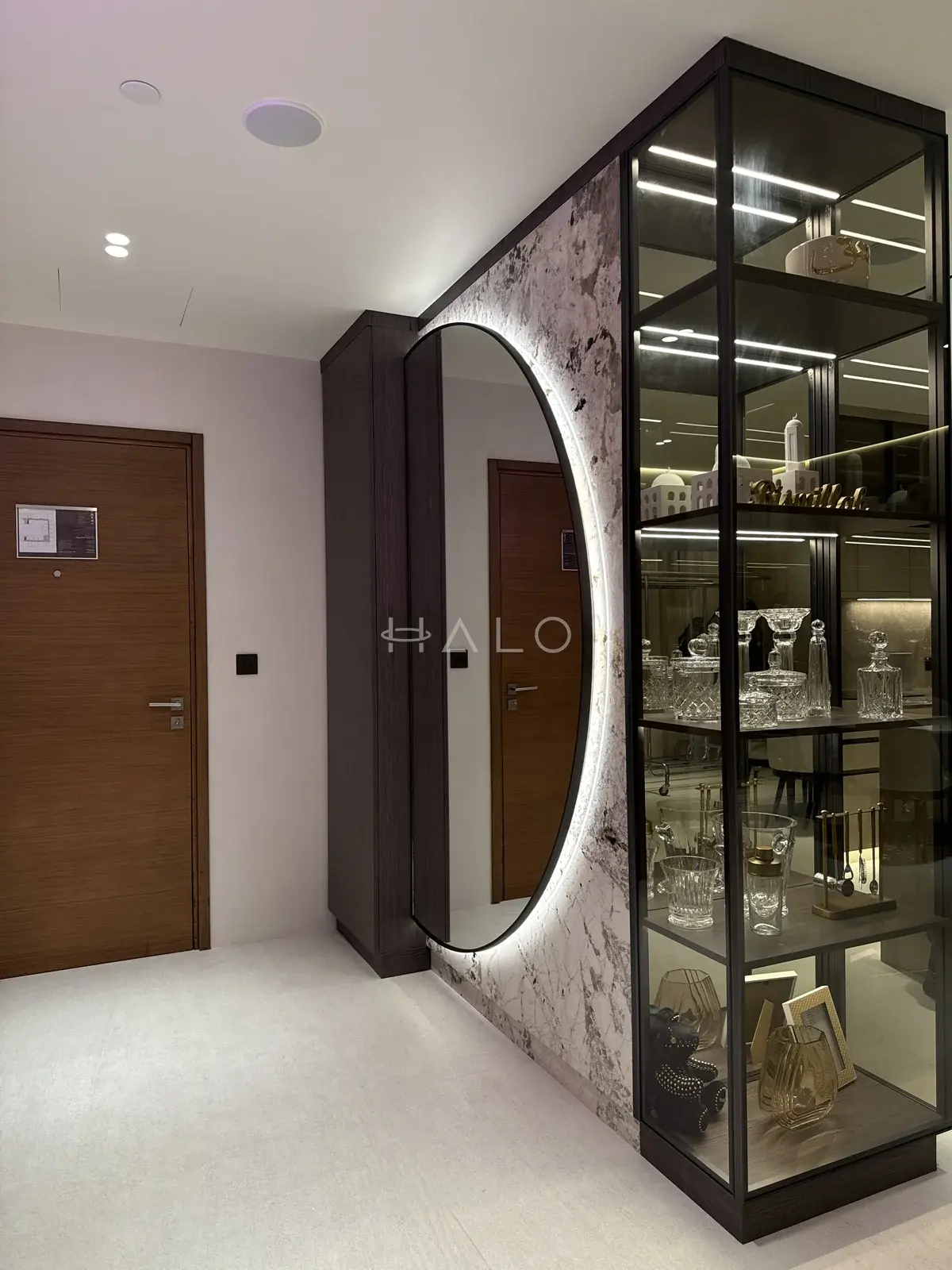 Glass display cabinet and entry mirror — City Walk, Halo Interiors