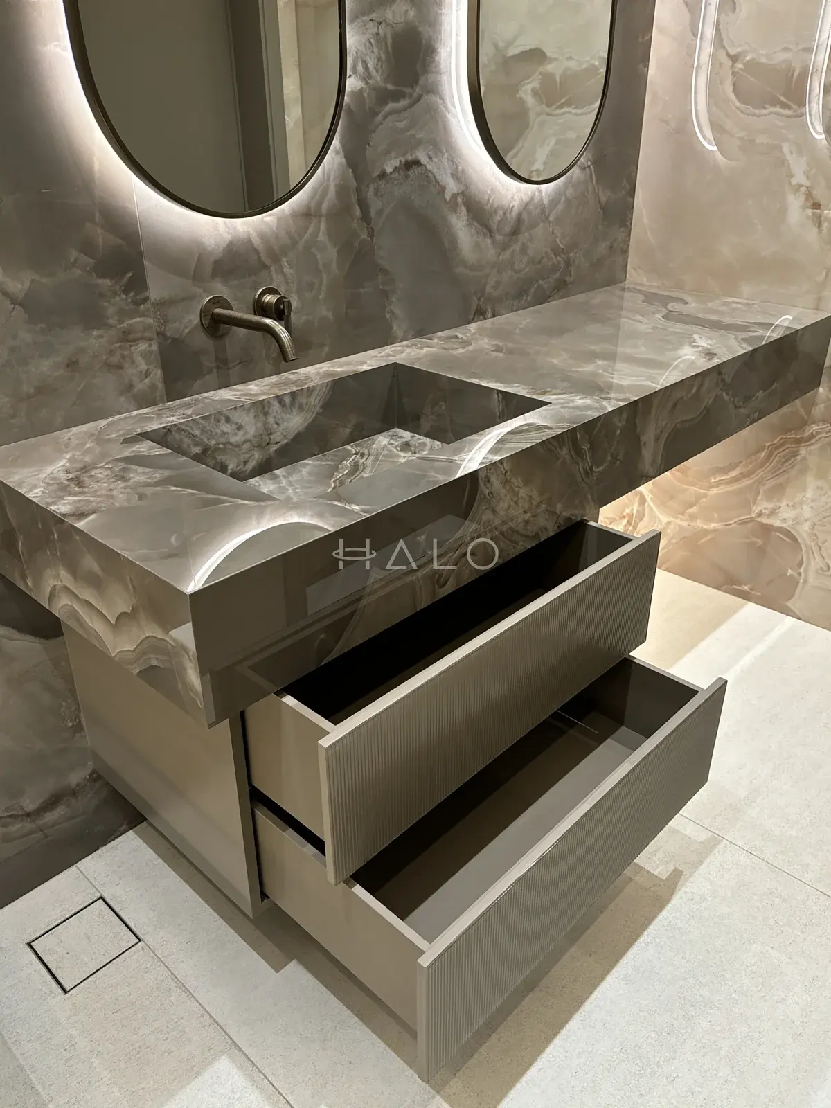Bathroom vanity open drawer detail — City Walk, Halo Interiors