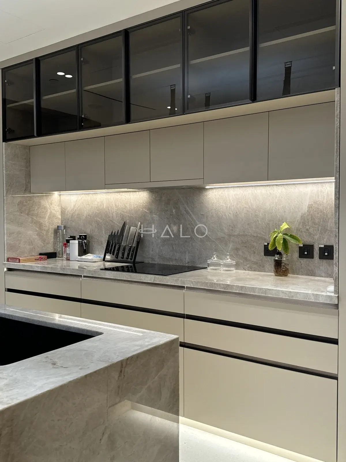 Kitchen base cabinets and glass wall cabinets — City Walk, Halo Interiors