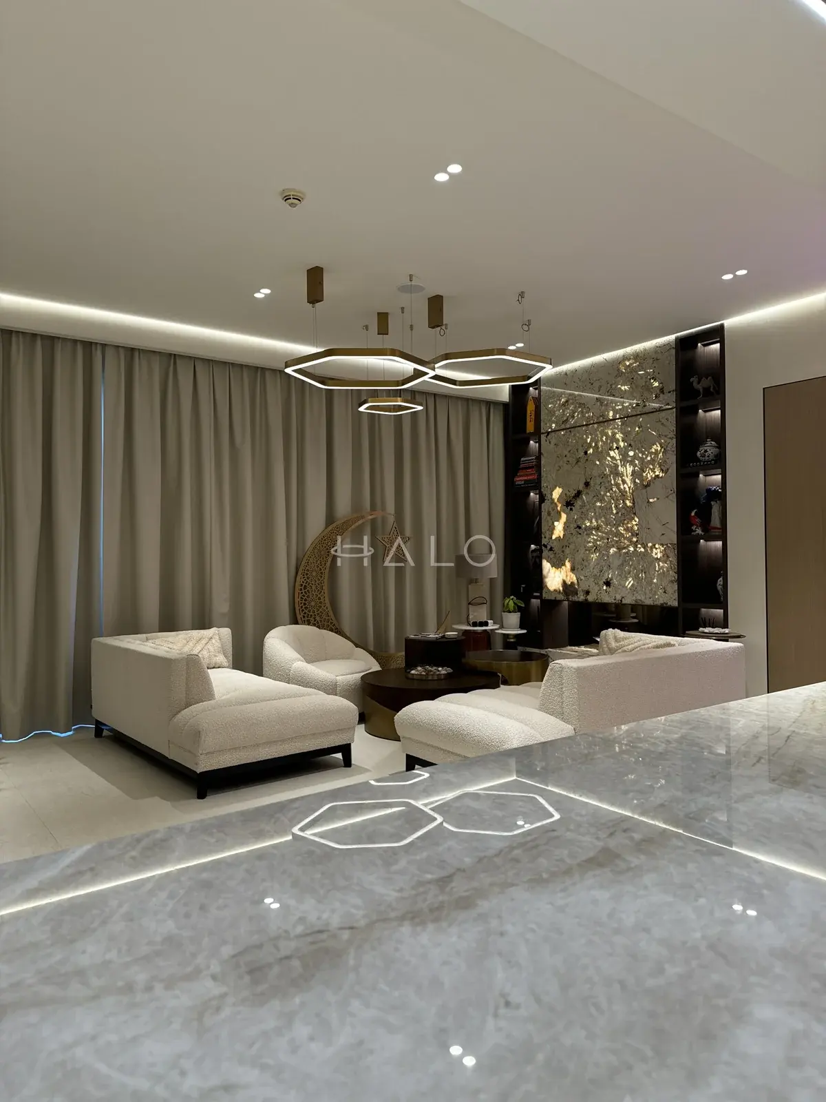 Living room feature wall and seating — City Walk, Halo Interiors
