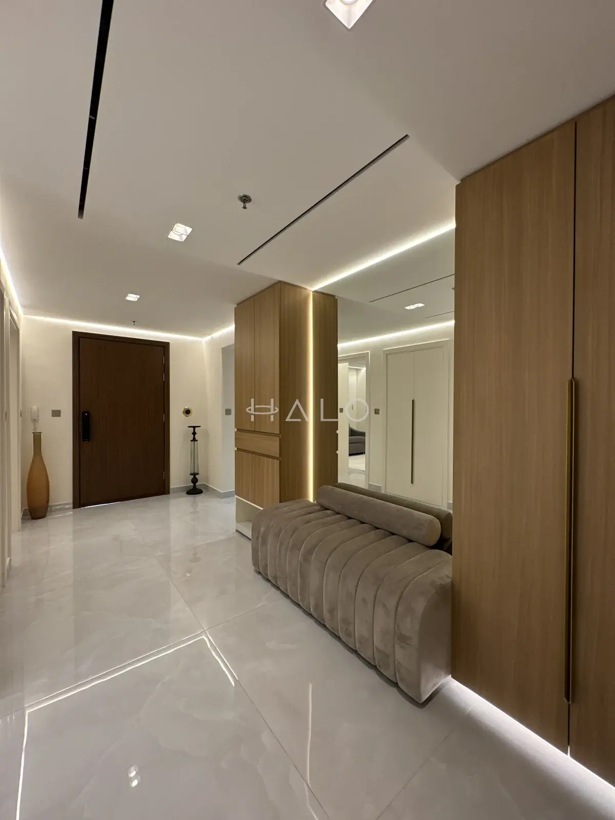 Entryway storage cabinet and bench — Dubai Creek, Halo Interiors