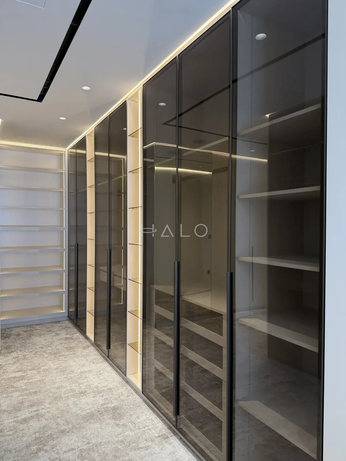 Glass fronted walk in wardrobe — Palm Jumeirah, Halo Interiors