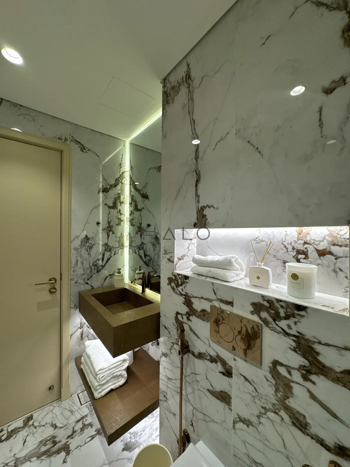 Powder room vanity and display niche — Paloma, Halo Interiors