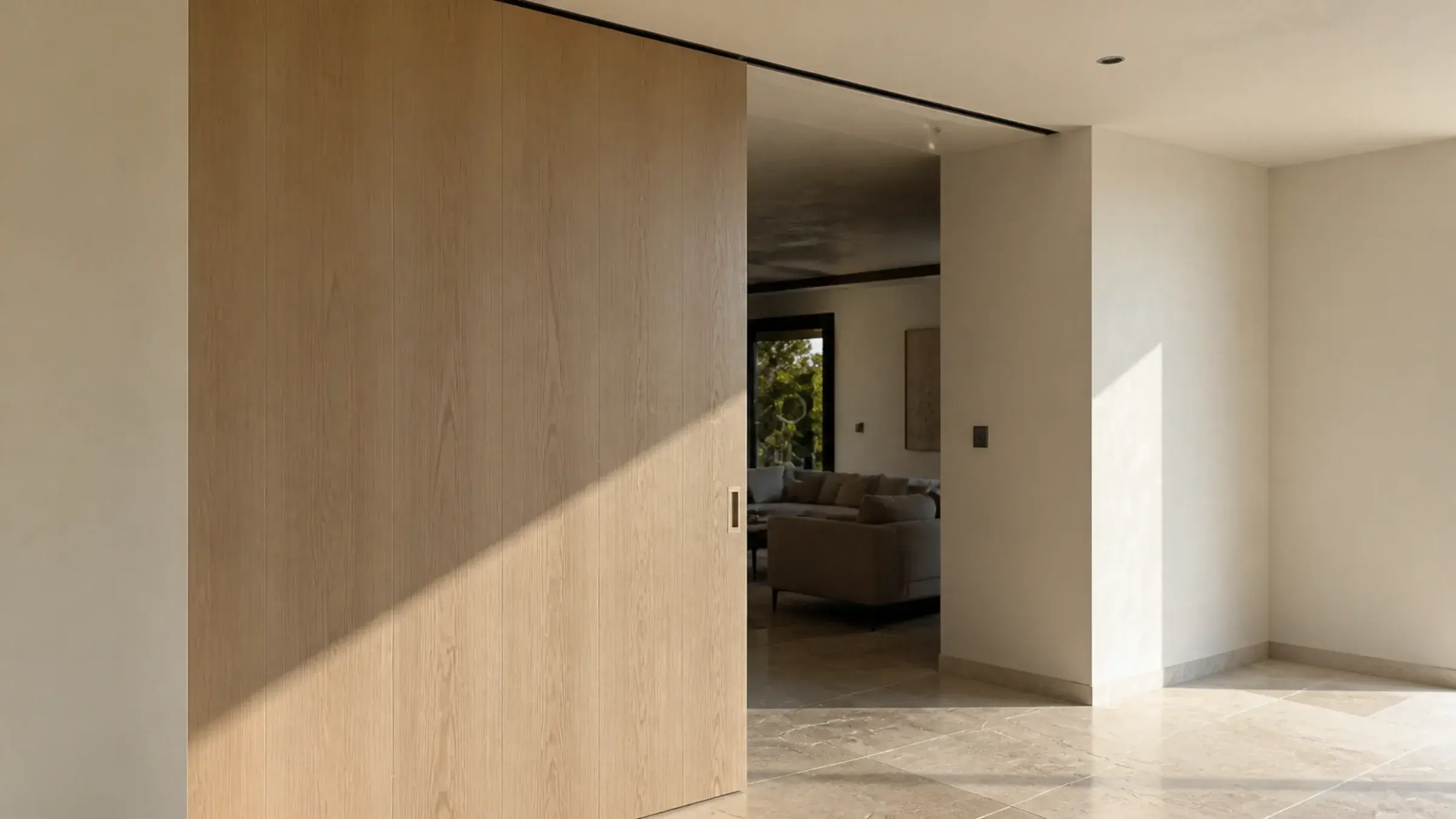Half-open pale oak sliding door on a recessed ceiling track above a sunlit stone floor