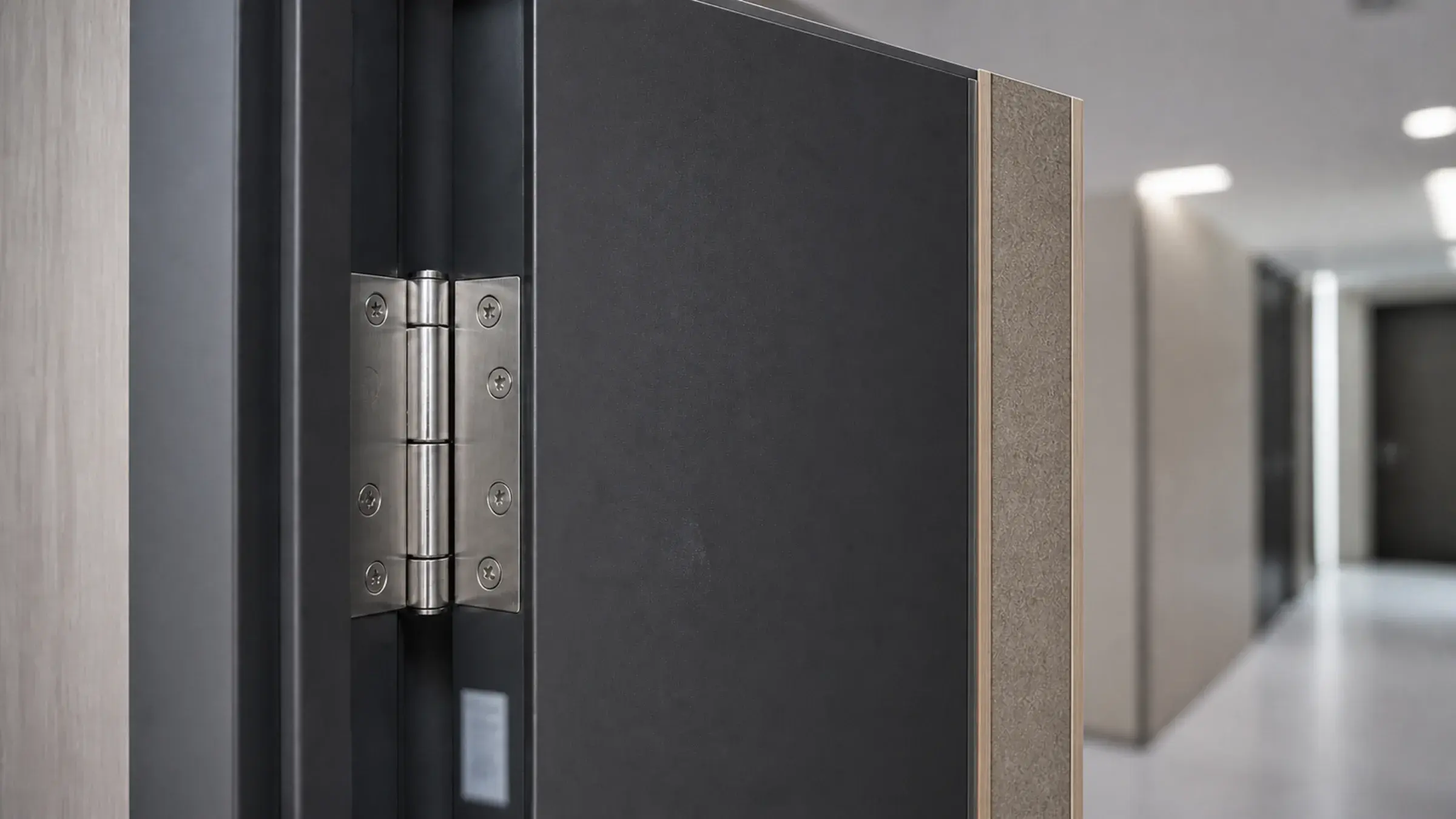 Close-up of a stainless steel hinge and layered edge of a heavy open door in an apartment corridor
