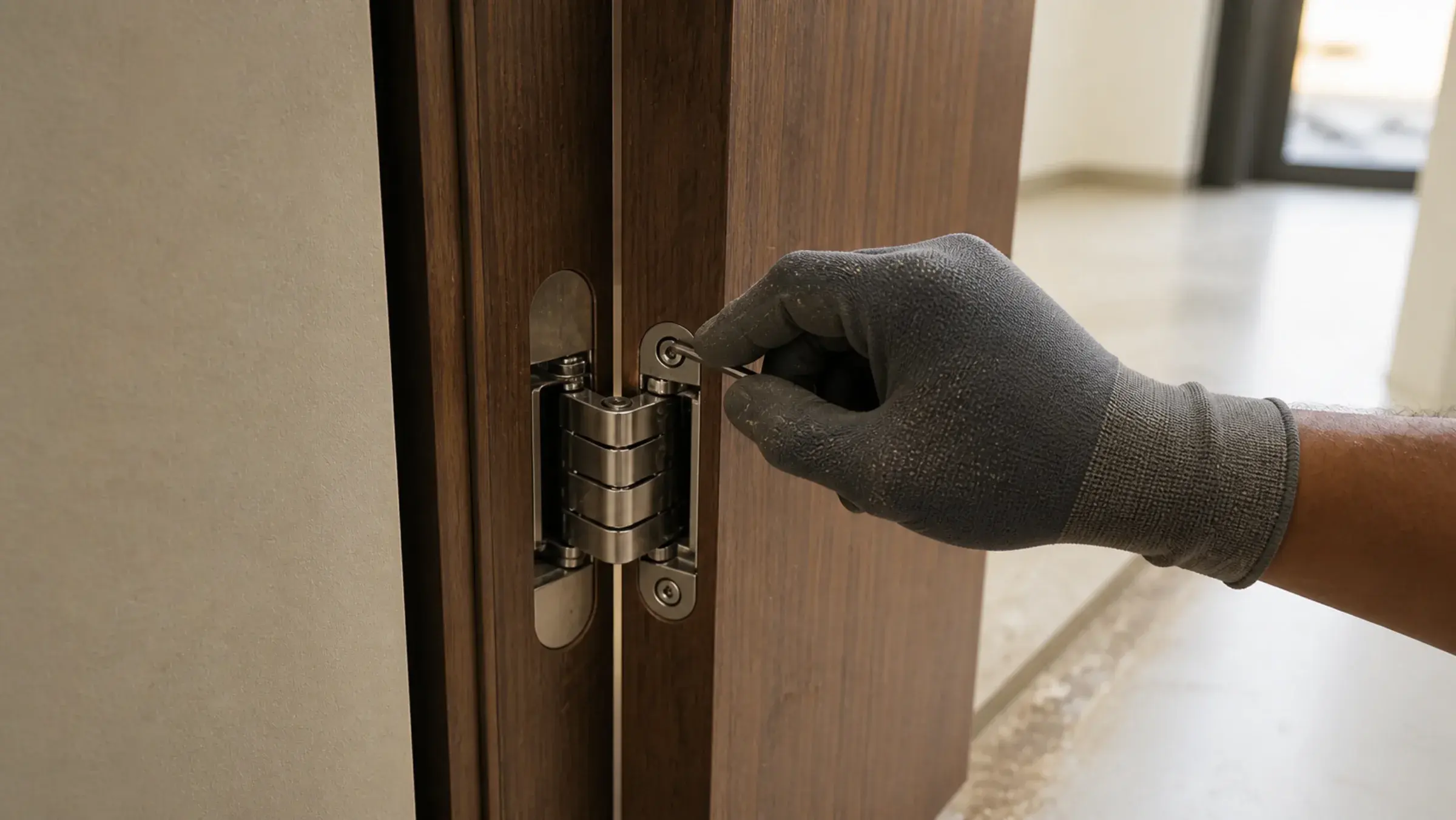 Gloved installer using an Allen key to adjust a concealed hinge on a walnut door leaf