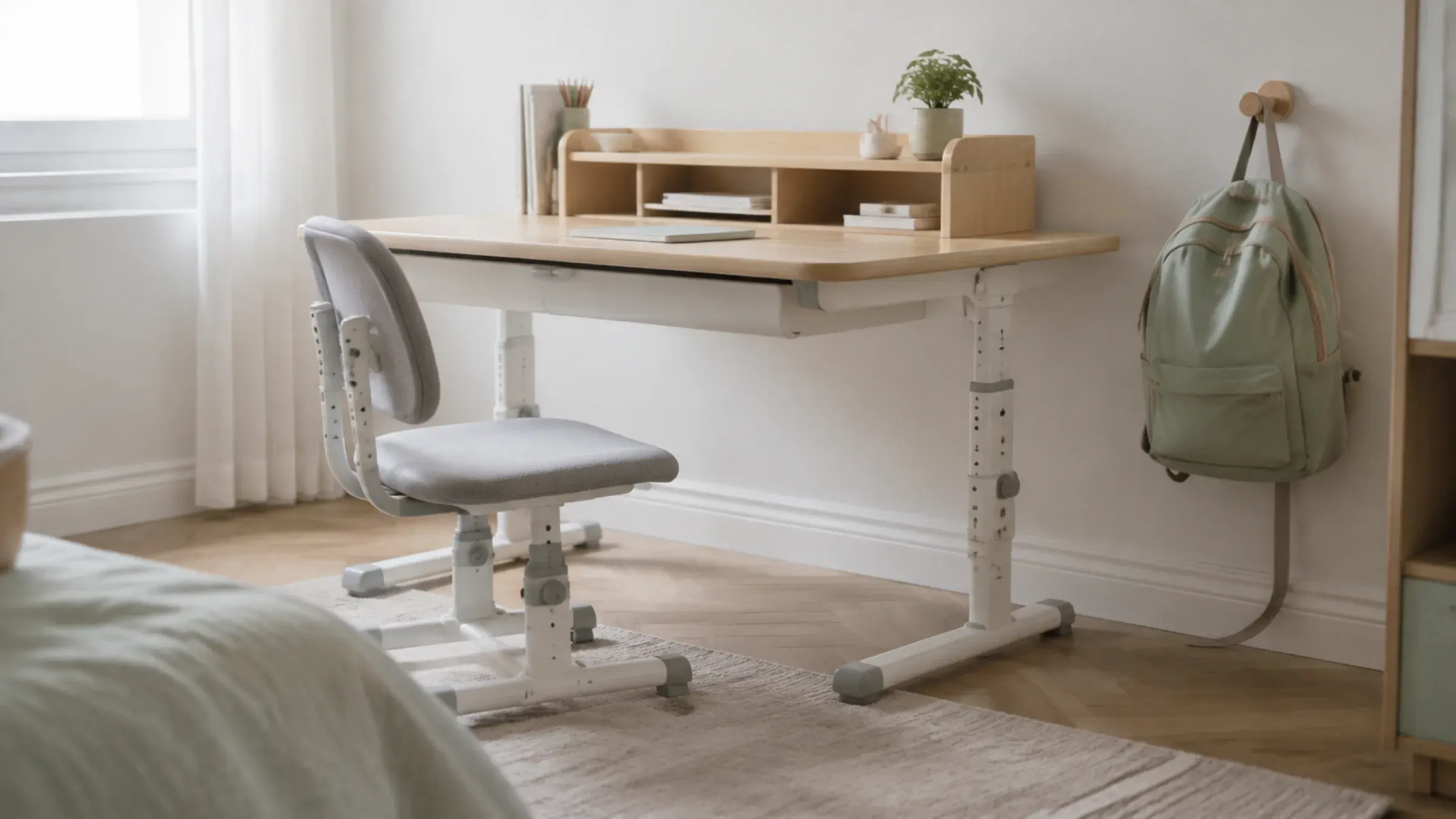 Adjustable-height desk and chair set in a kids' bedroom, the height-adjustment mechanism visible at the leg, a backpack on a hook beside it