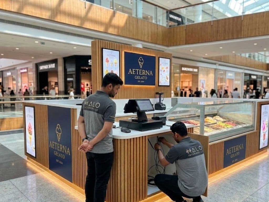 Halo technician commissioning the POS on a completed gelato kiosk in a Dubai shopping mall concourse