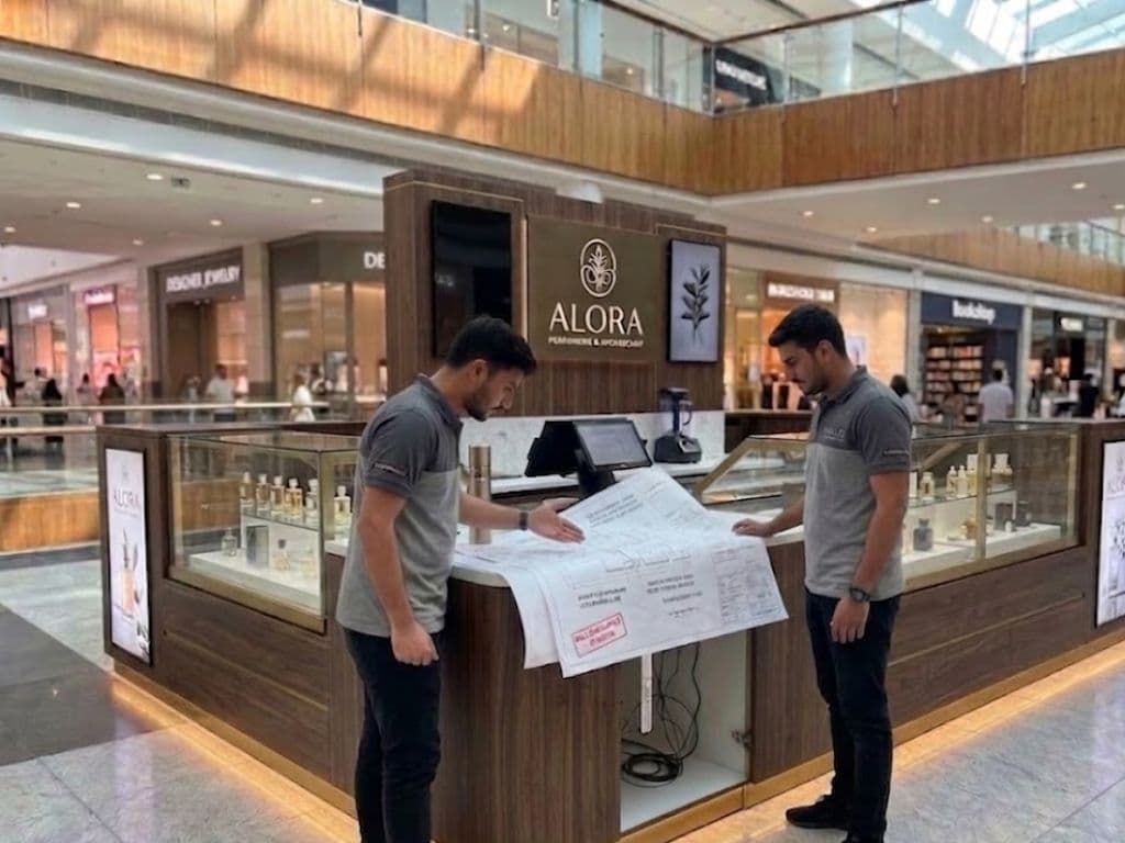 Two Halo project staff reviewing mall compliance drawings beside a completed perfume kiosk in a Dubai mall