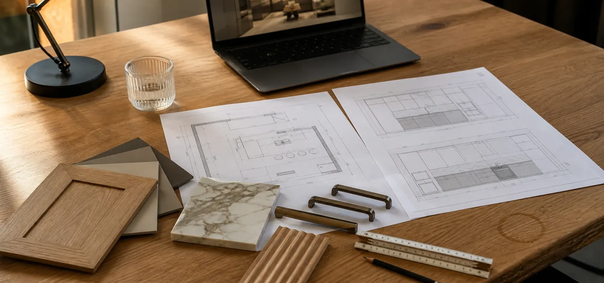 Kitchen layout drawing, elevation and door and stone samples on a design studio table in Dubai