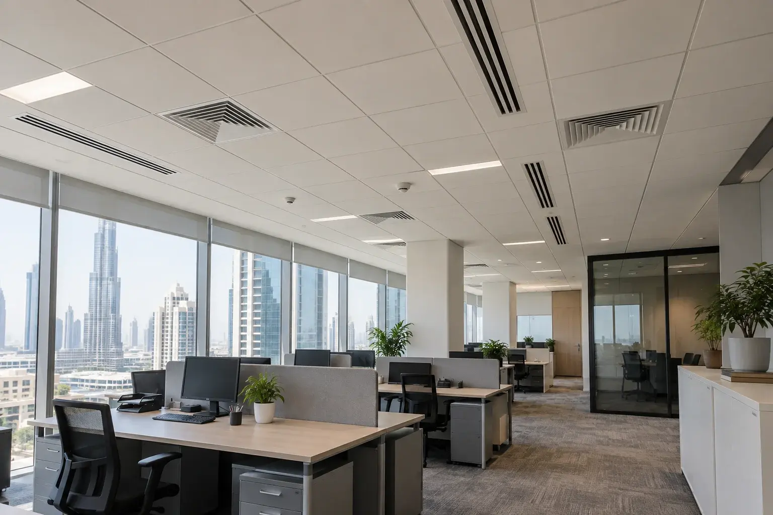 Completed Dubai office ceiling with supply diffusers, return-air grilles and linear air vents
