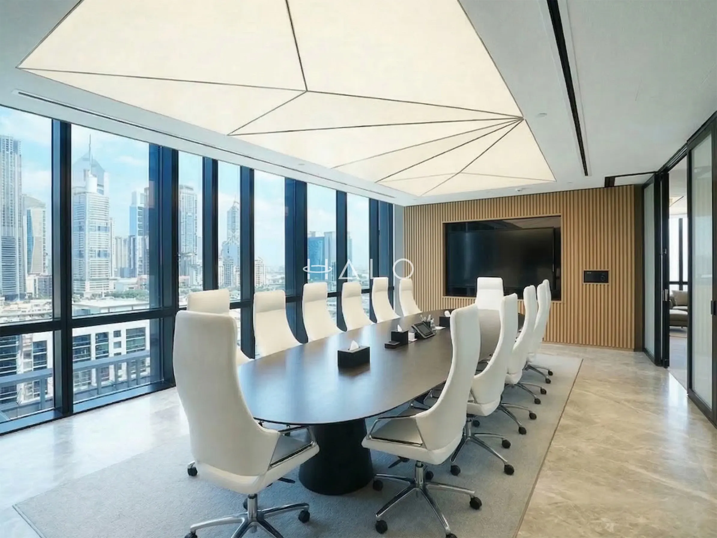 Office reception with bespoke joinery counter and feature lighting — portfolio view 02
