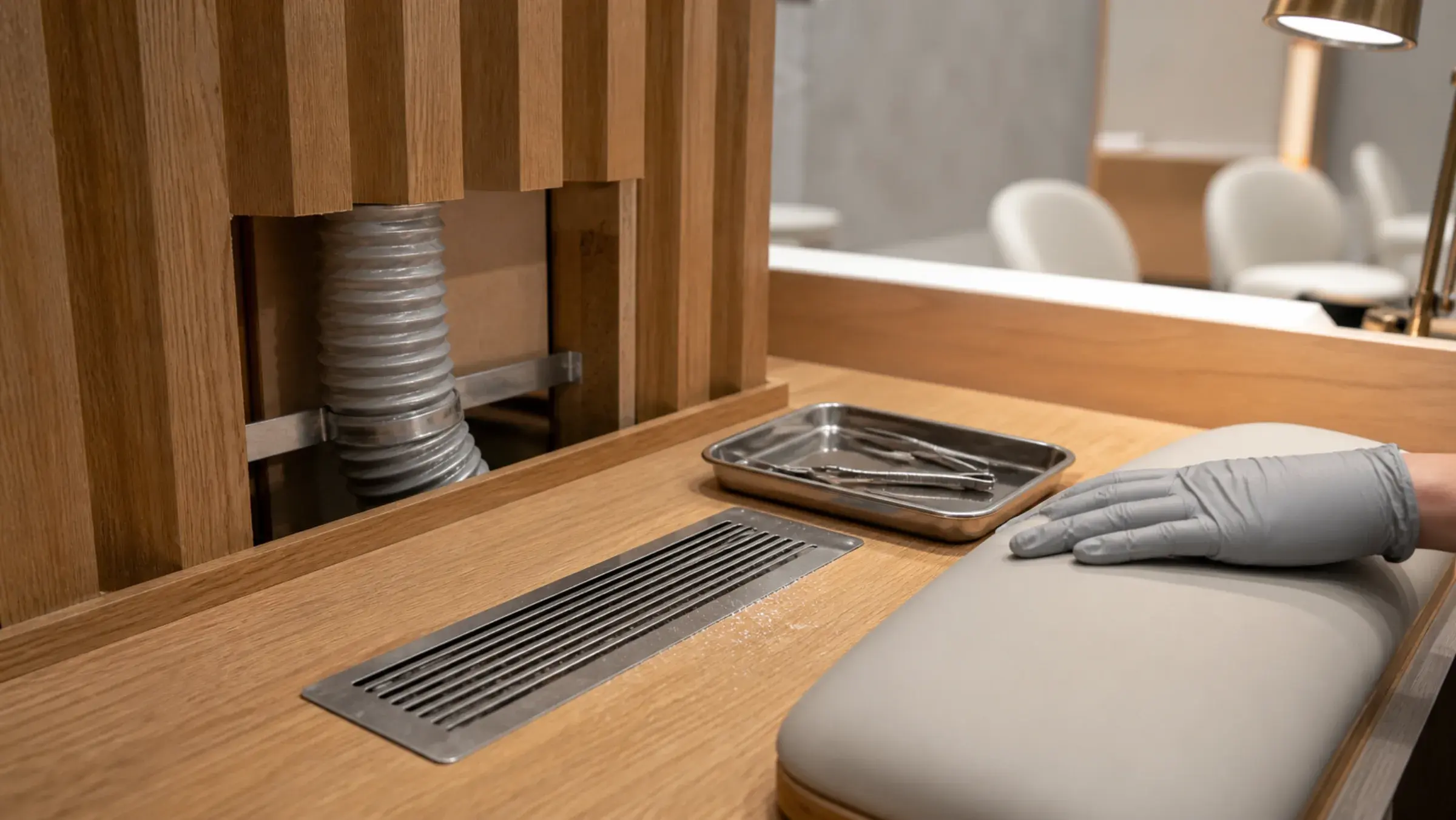 Gloved technician beside a manicure downdraft grille with the extraction duct exposed behind an oak panel