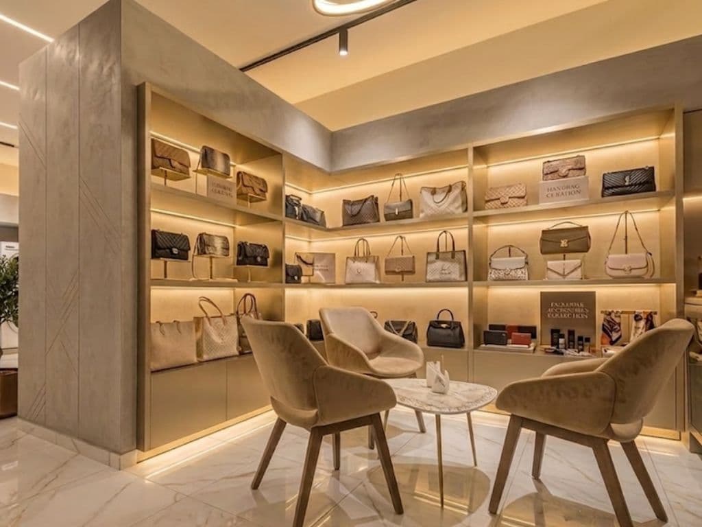 Lit wall showcases and display shelving produced in Halo’s Dubai joinery factory