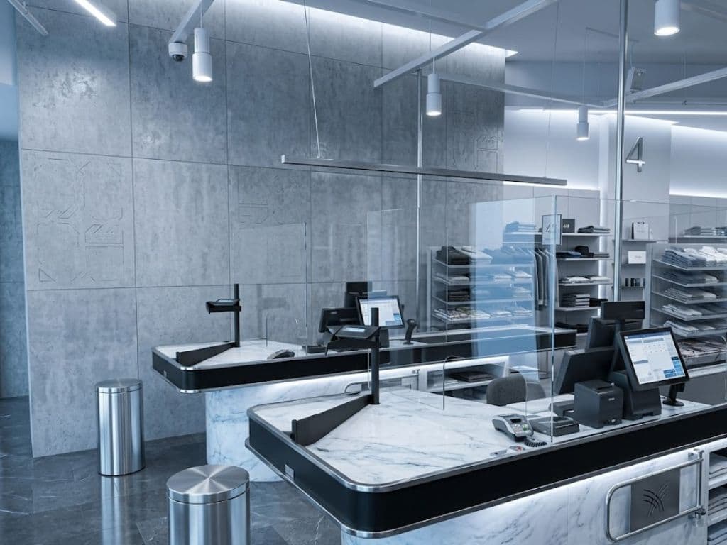 Retail counter with integrated point-of-sale and stone worktop built by Halo in Dubai