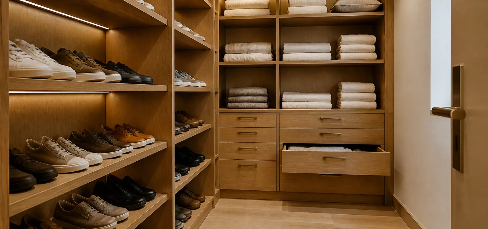 Bespoke shoe cabinet and linen storage joinery with LED-lit angled shelves in a Dubai home