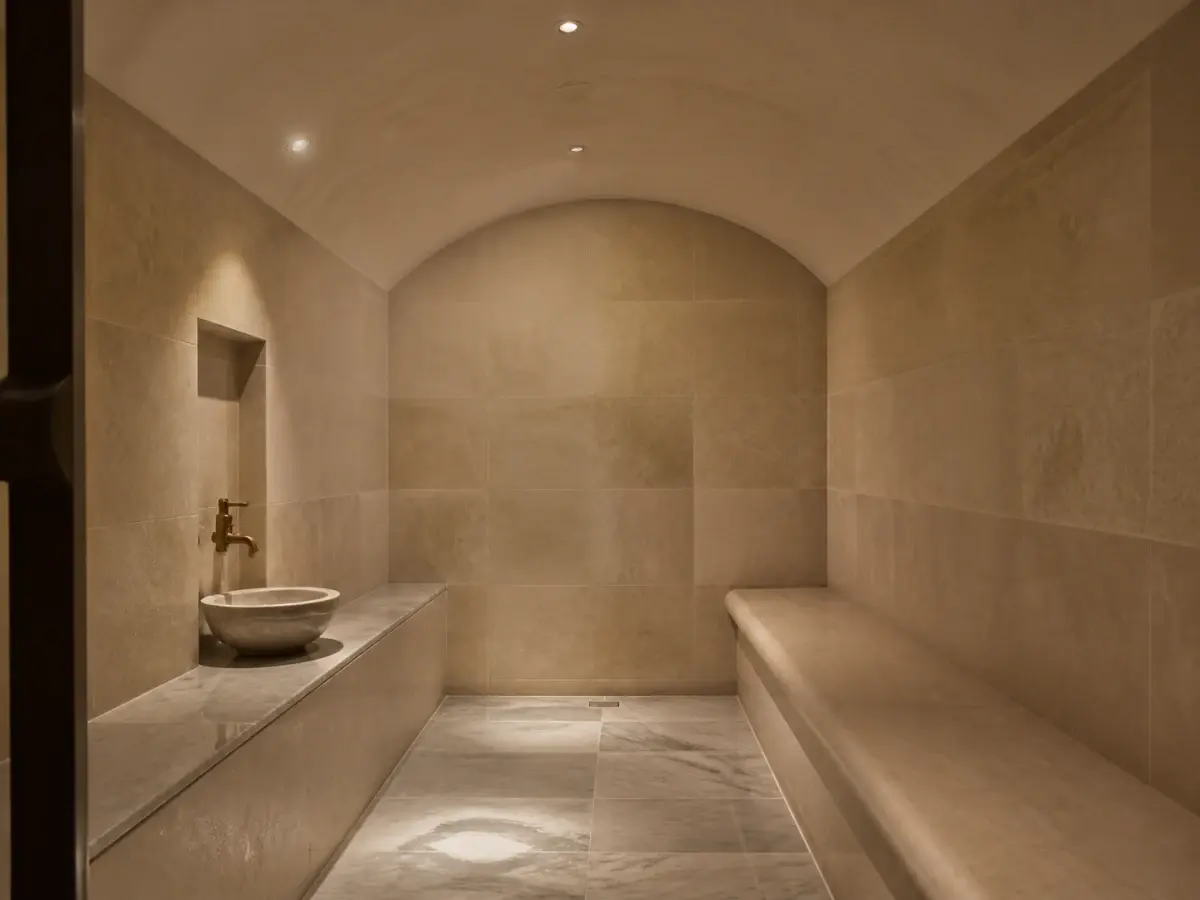 Vaulted hammam chamber with seamless tadelakt walls, a lit niche, a kurna basin with a brass spout, a continuous heated bench and floor falling to a drain