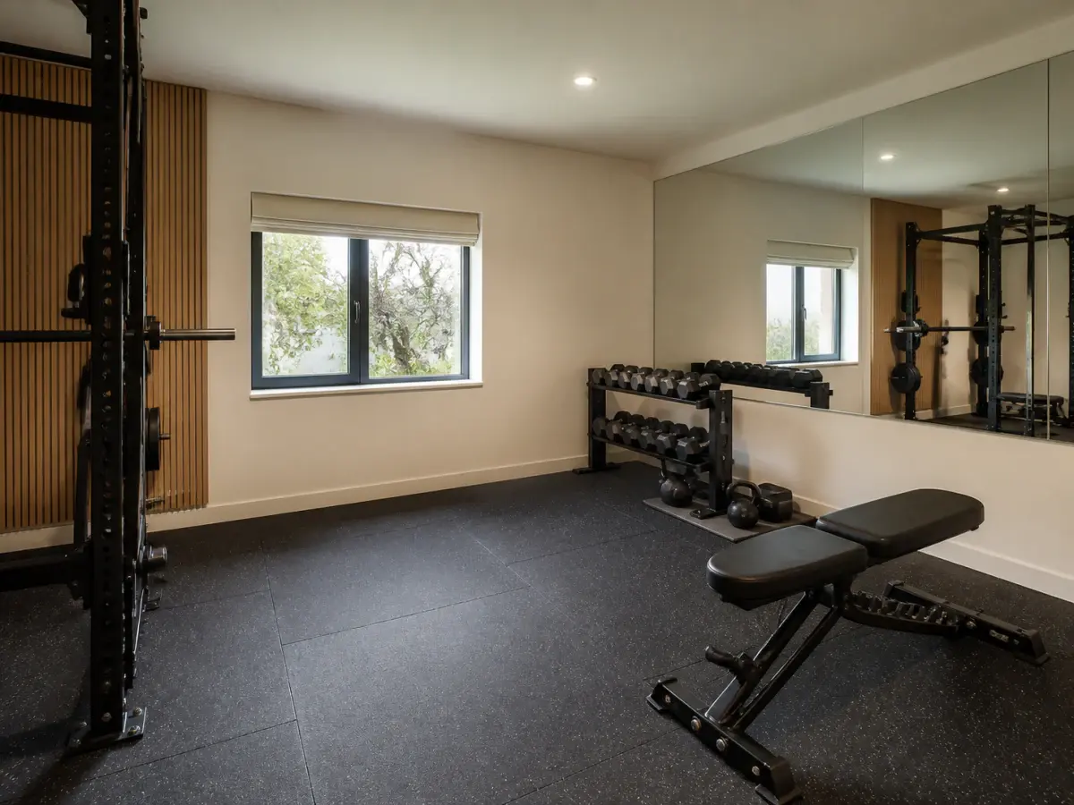 Private home gym fit-out with rubber flooring, mirror wall and ceiling-mounted lighting