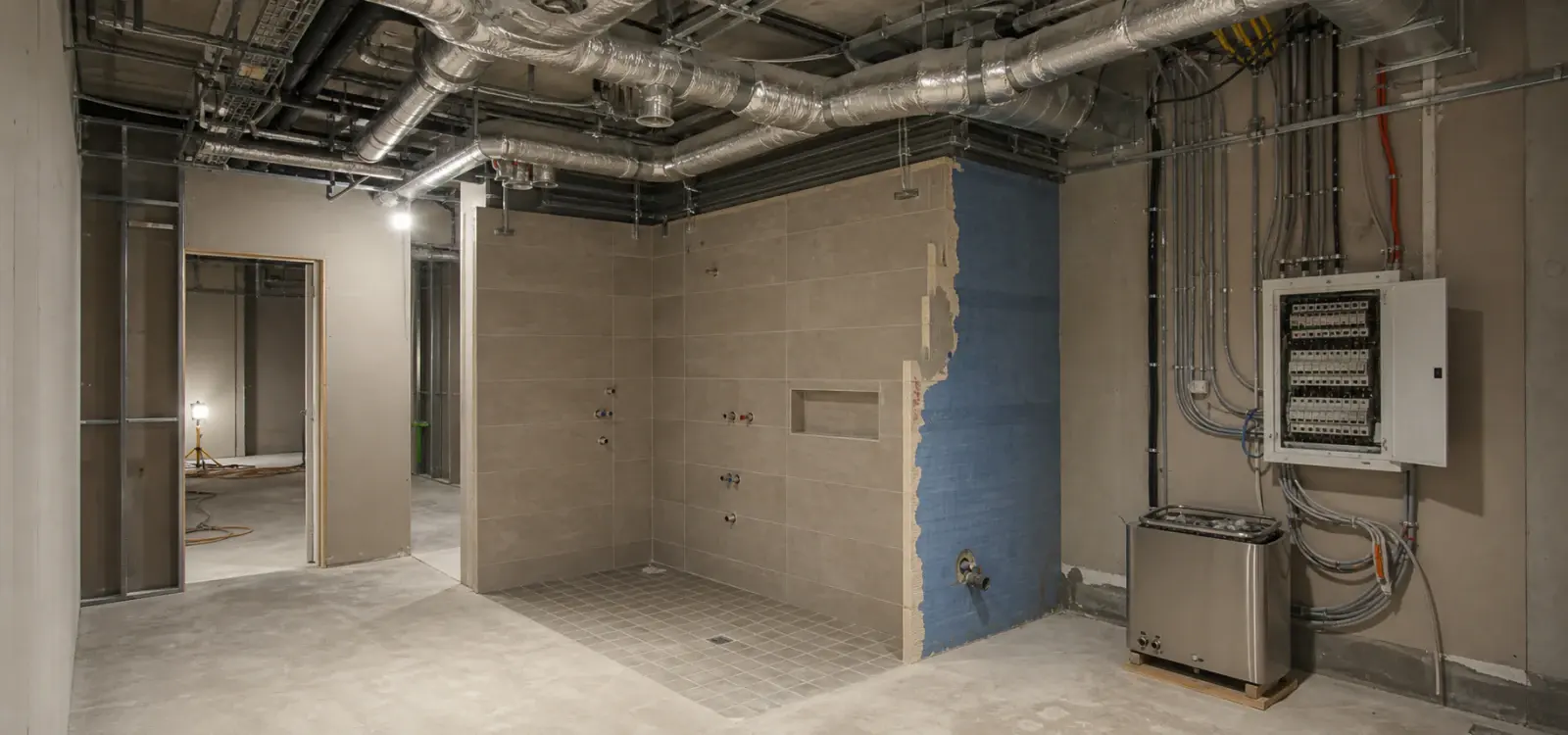 Ventilation ducting and electrical containment installed during a salon fit-out in Dubai