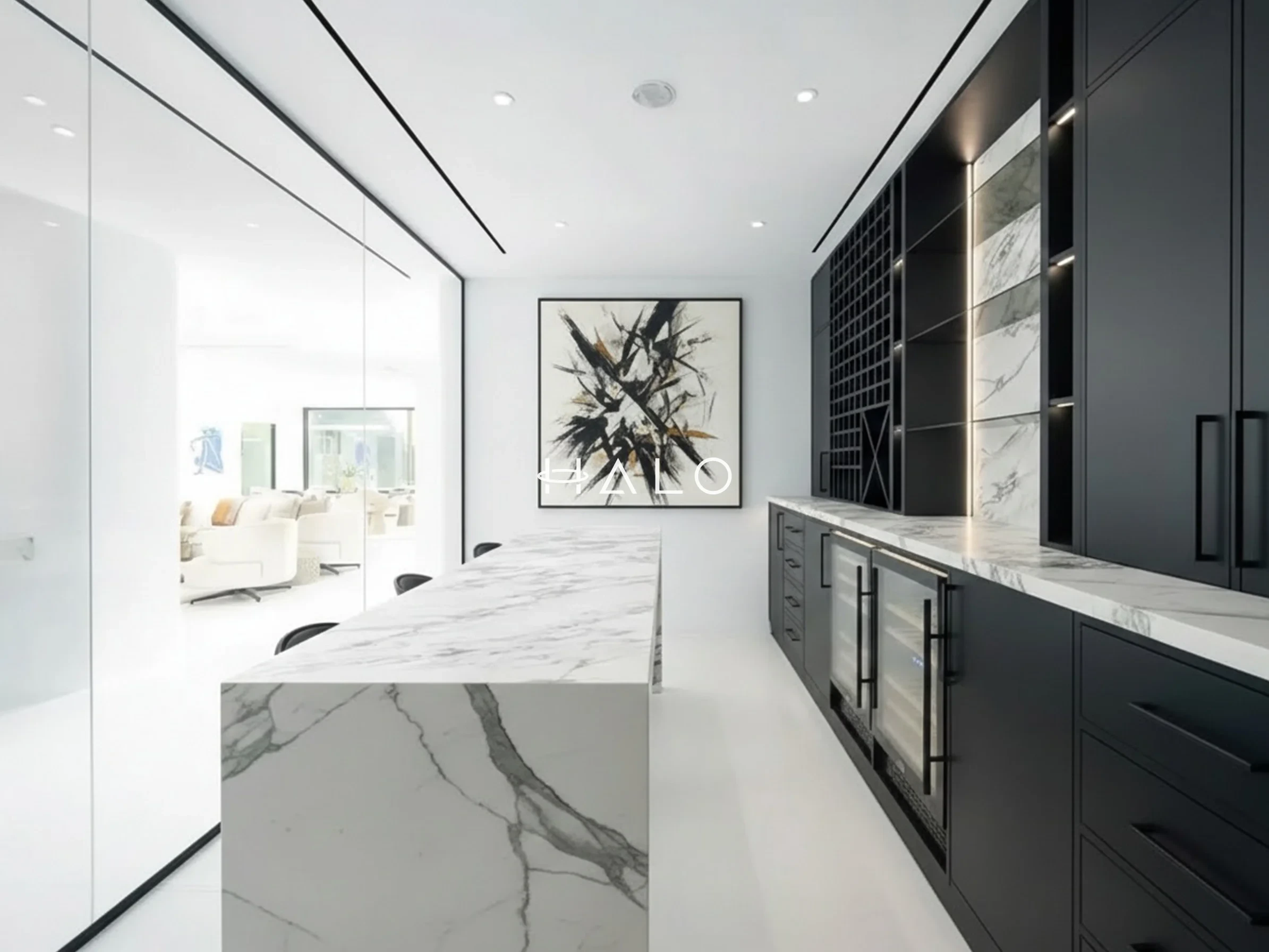 Custom villa kitchen with handleless cabinetry and stone worktops