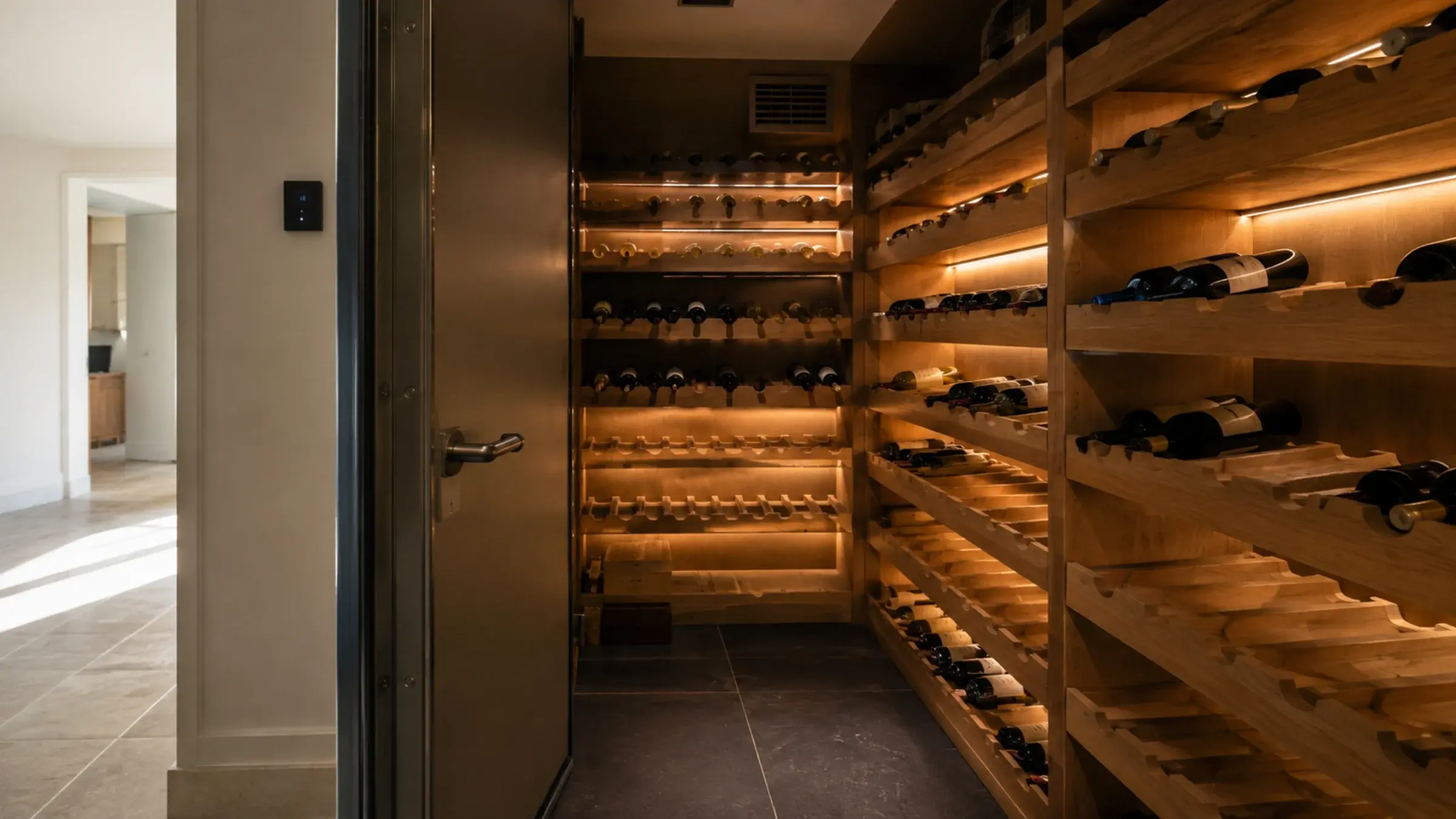 Climate-controlled wine room with oak racking, a sealed insulated door and low warm lighting in a Dubai villa