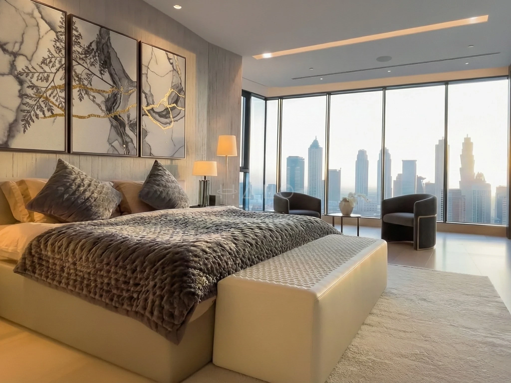 High-floor bedroom with marble feature panels and full-height glazing over the city