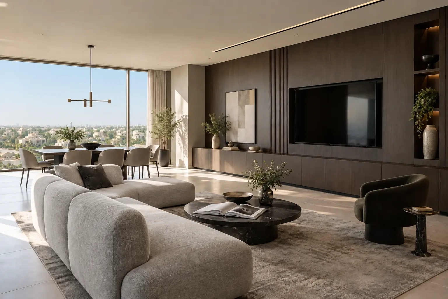 Contemporary Dubai apartment interior with a smoked oak media wall, floating credenza and a skyline view
