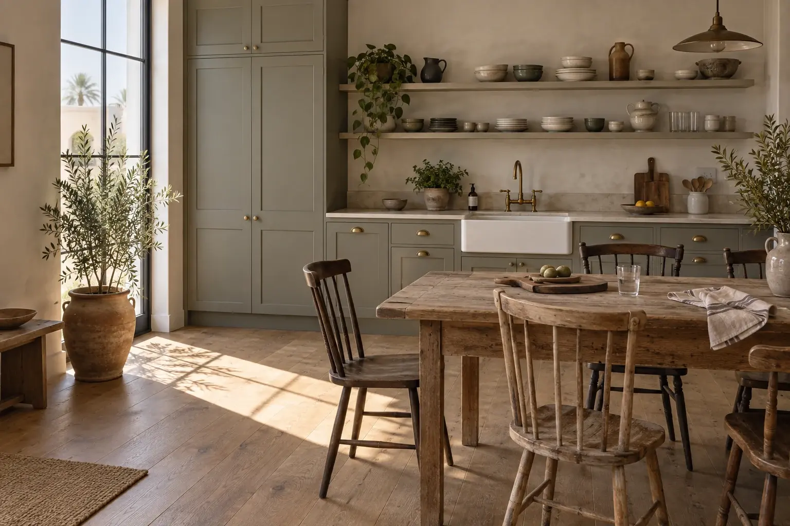 Modern farmhouse kitchen and dining space with sage in-frame cabinetry, open oak shelving, a butler sink and a reclaimed timber table