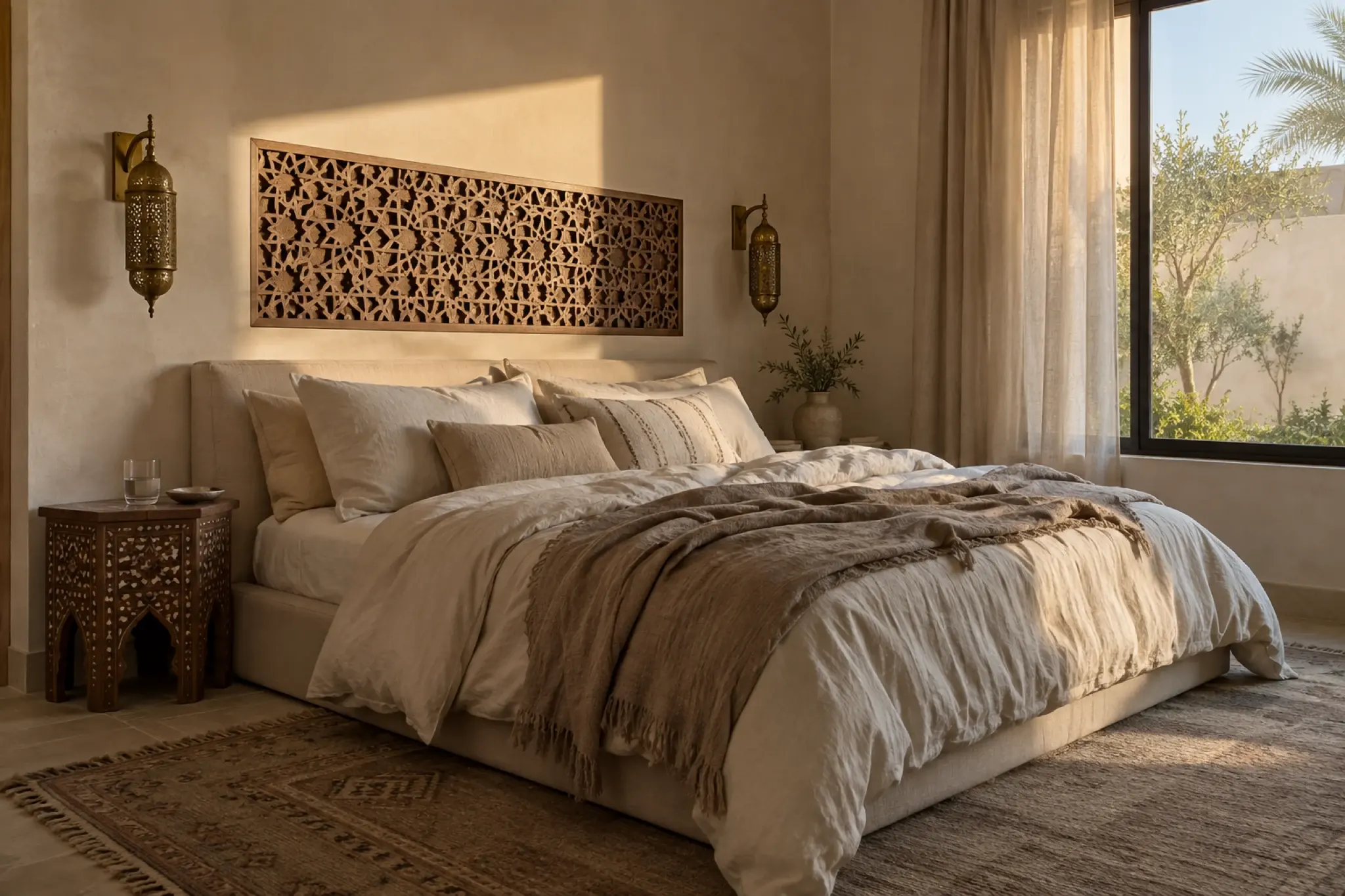 Warm bedroom with a carved timber feature wall, layered linen and garden views