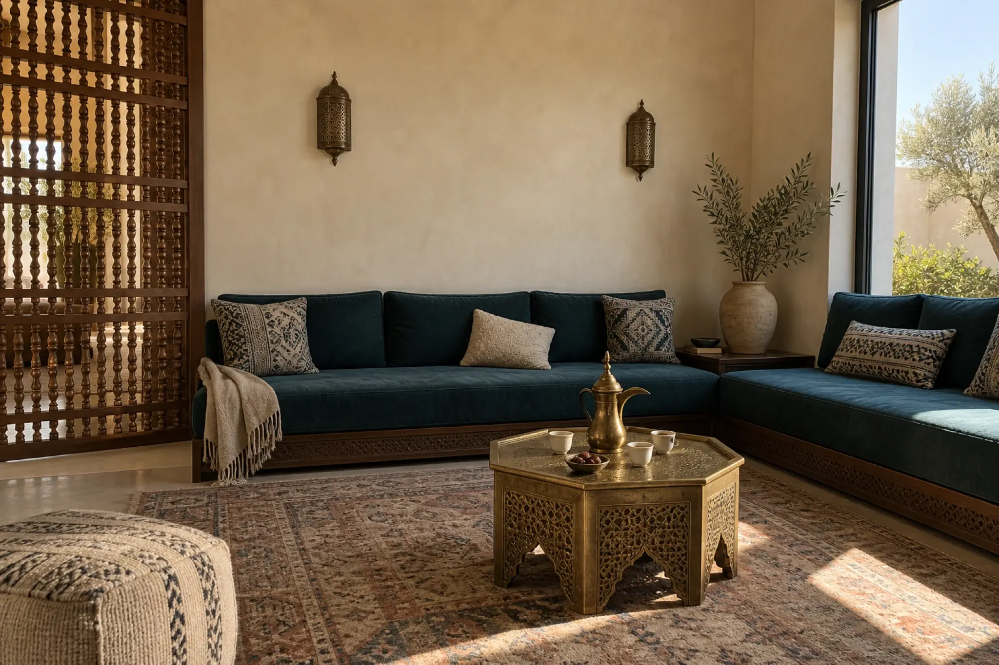 Guest reception with teal perimeter seating, a single timber screen and a brass tray table