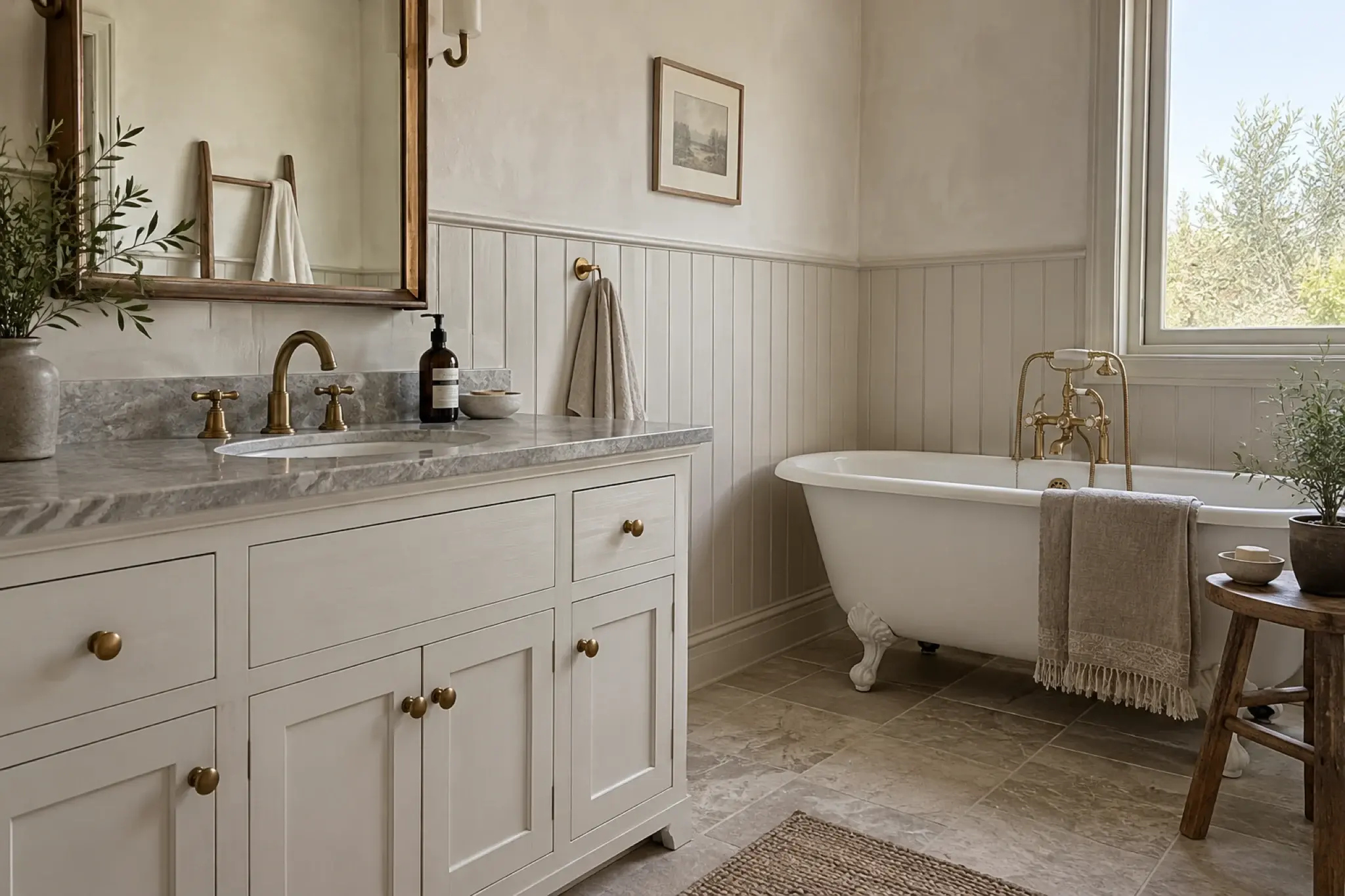 Bathroom with a freestanding bath, a timber vanity and warm stone surfaces