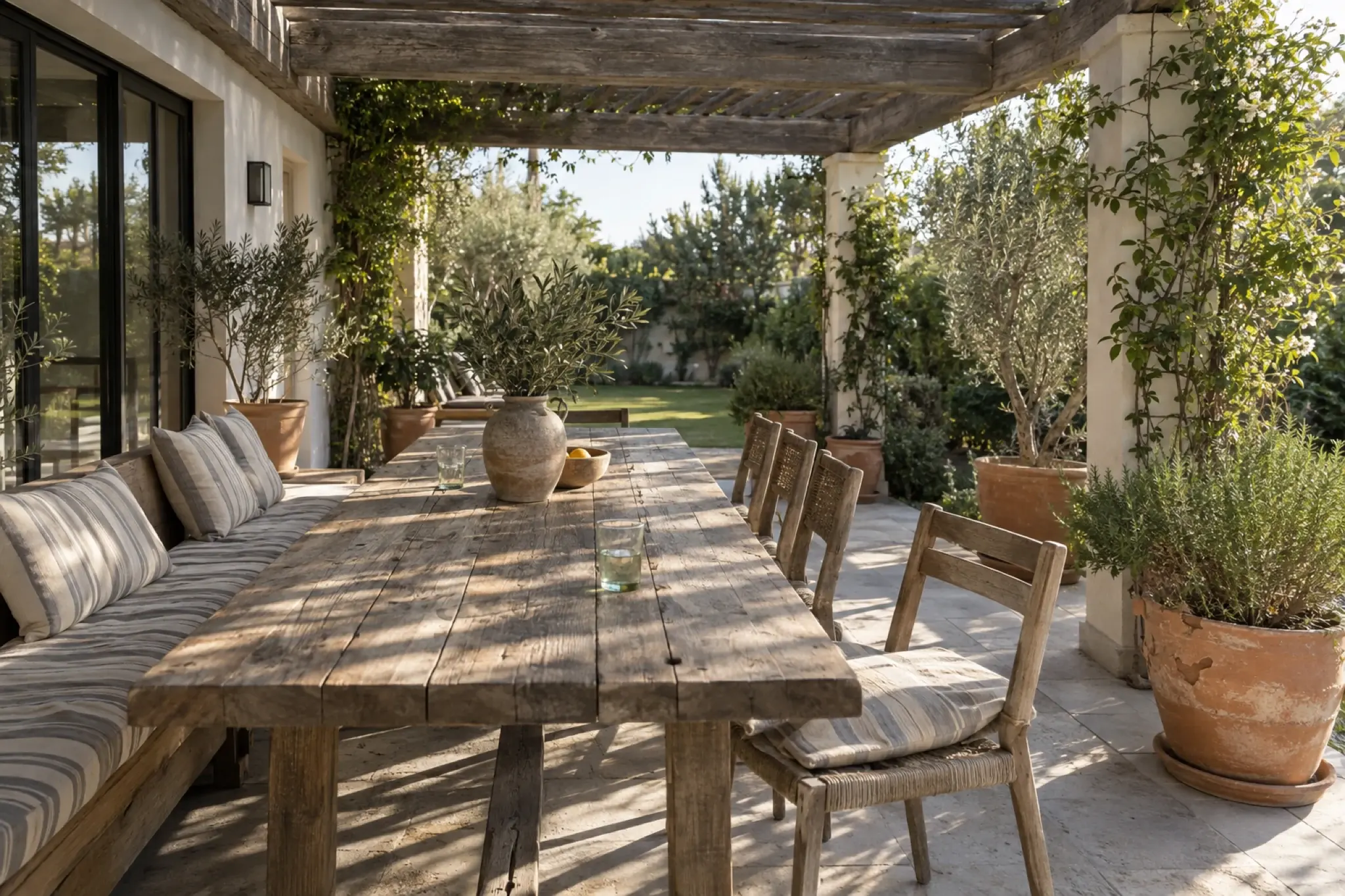 Shaded outdoor dining terrace with a weathered timber pergola, long table and dense planting