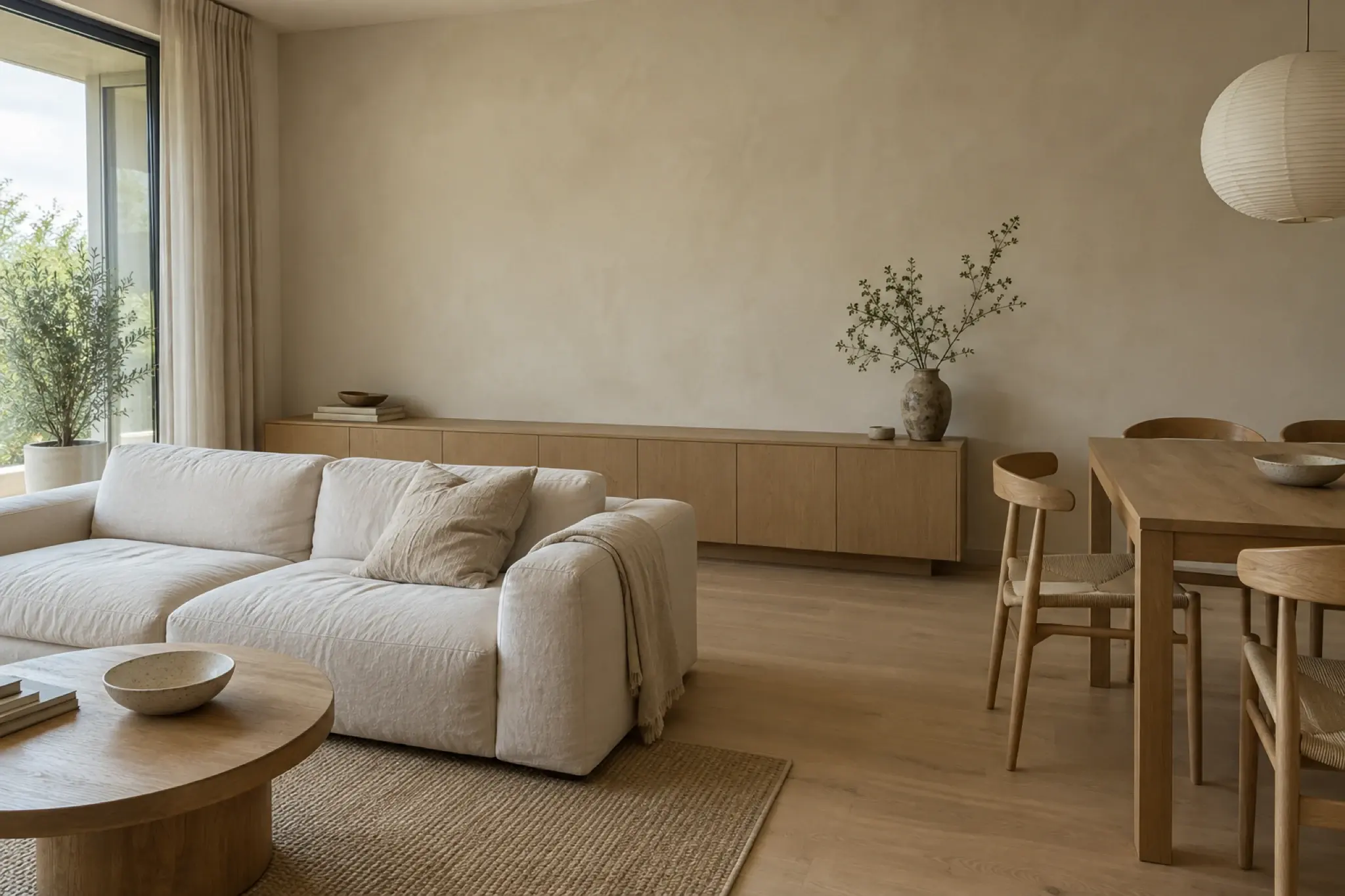 Open-plan living and dining room with low oak joinery, cream seating and soft natural light