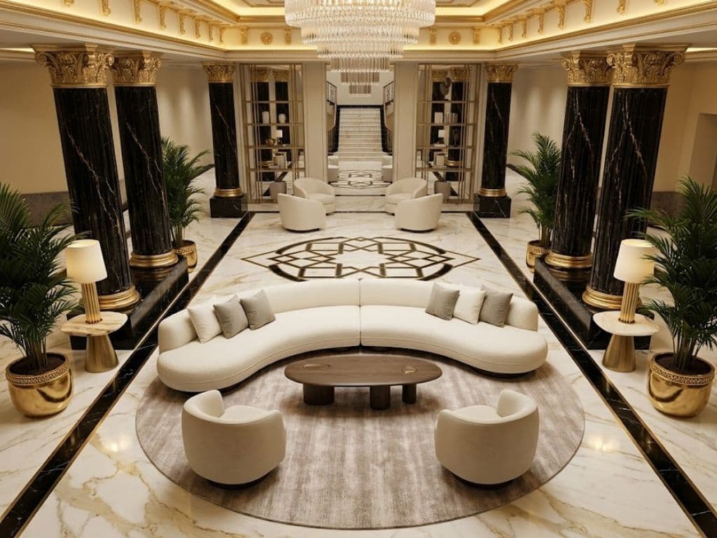 Completed interior fit-out with stone flooring and finished lighting in Dubai