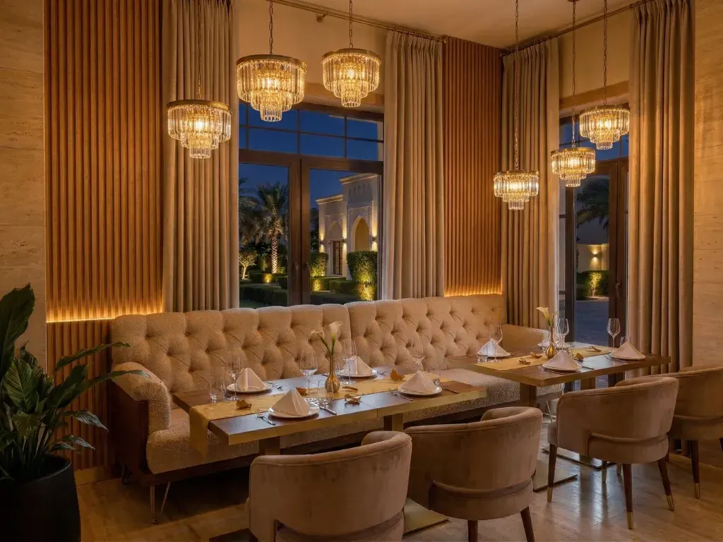 Feature ceiling, panelling and lighting in a completed Dubai fit-out
