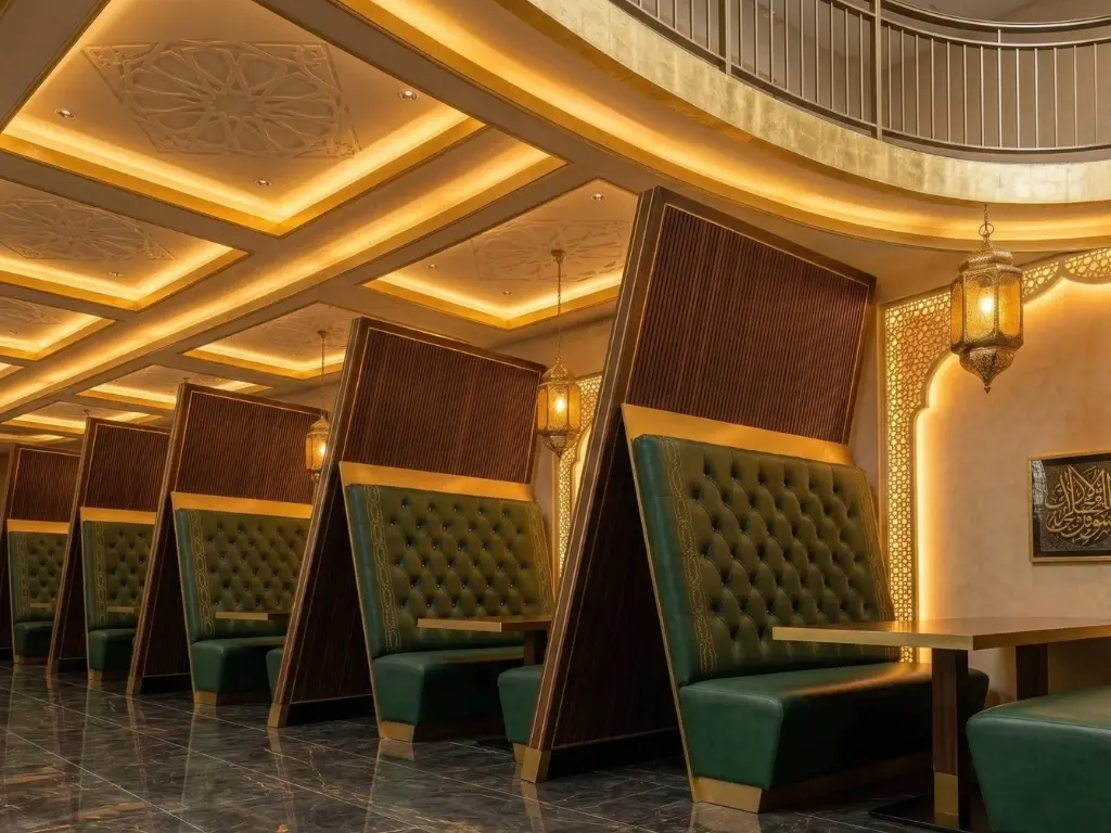 Completed partitions, banquette seating and feature ceiling in a Dubai fit-out