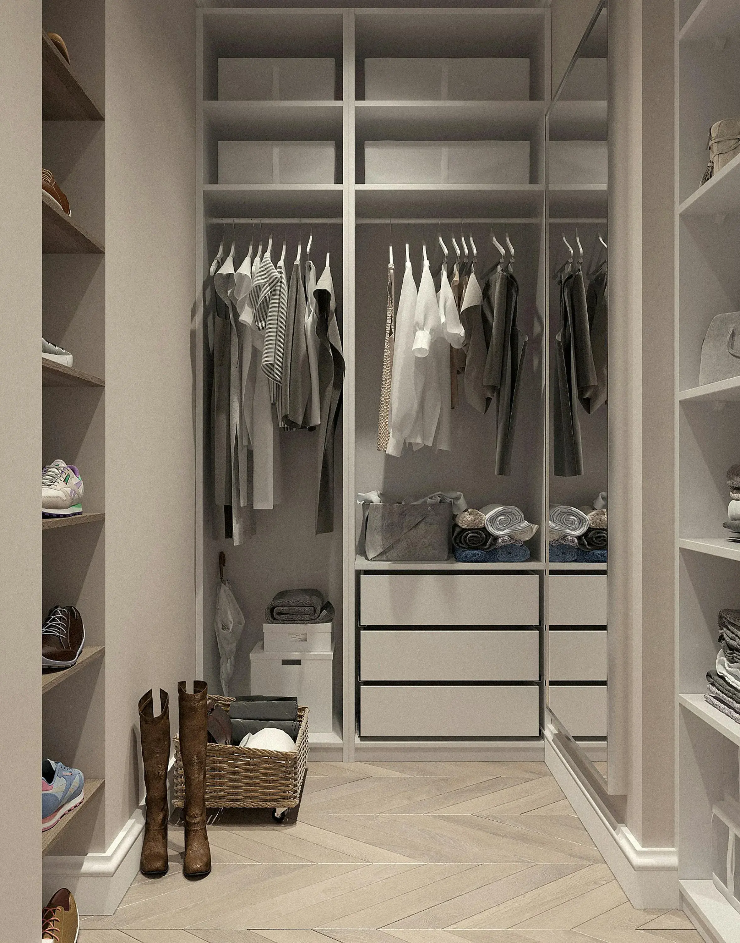 Fitted wardrobe interior with hanging rails, adjustable shelving and drawers in a Dubai bedroom
