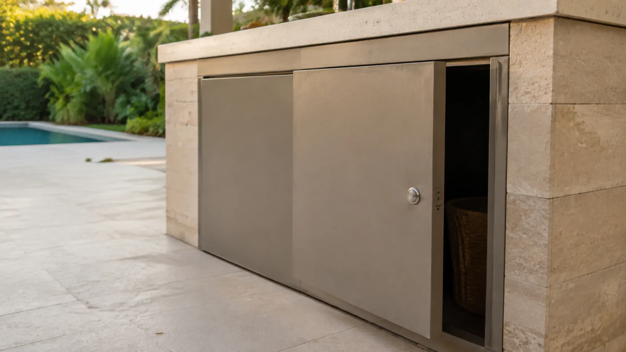 Close three-quarter detail of a weatherproof outdoor storage cabinet in powder-coated aluminium, door ajar showing a drainage gap and a stainless push-catch