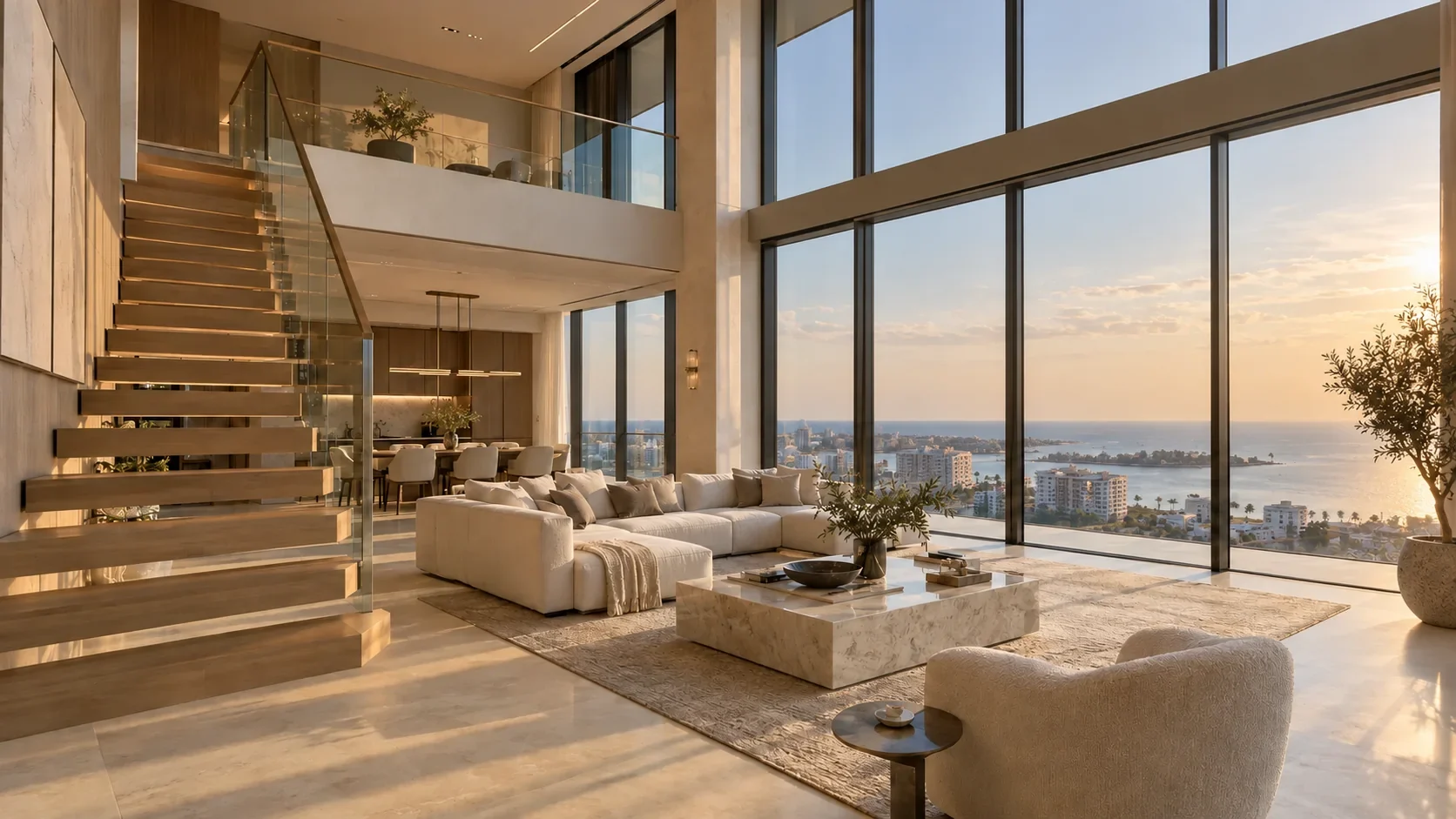 Concept image of a duplex penthouse living room with double-height glazing and an internal stair