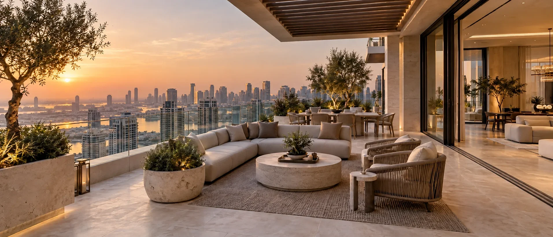 Concept image of a private Dubai penthouse roof terrace with shaded seating and skyline views