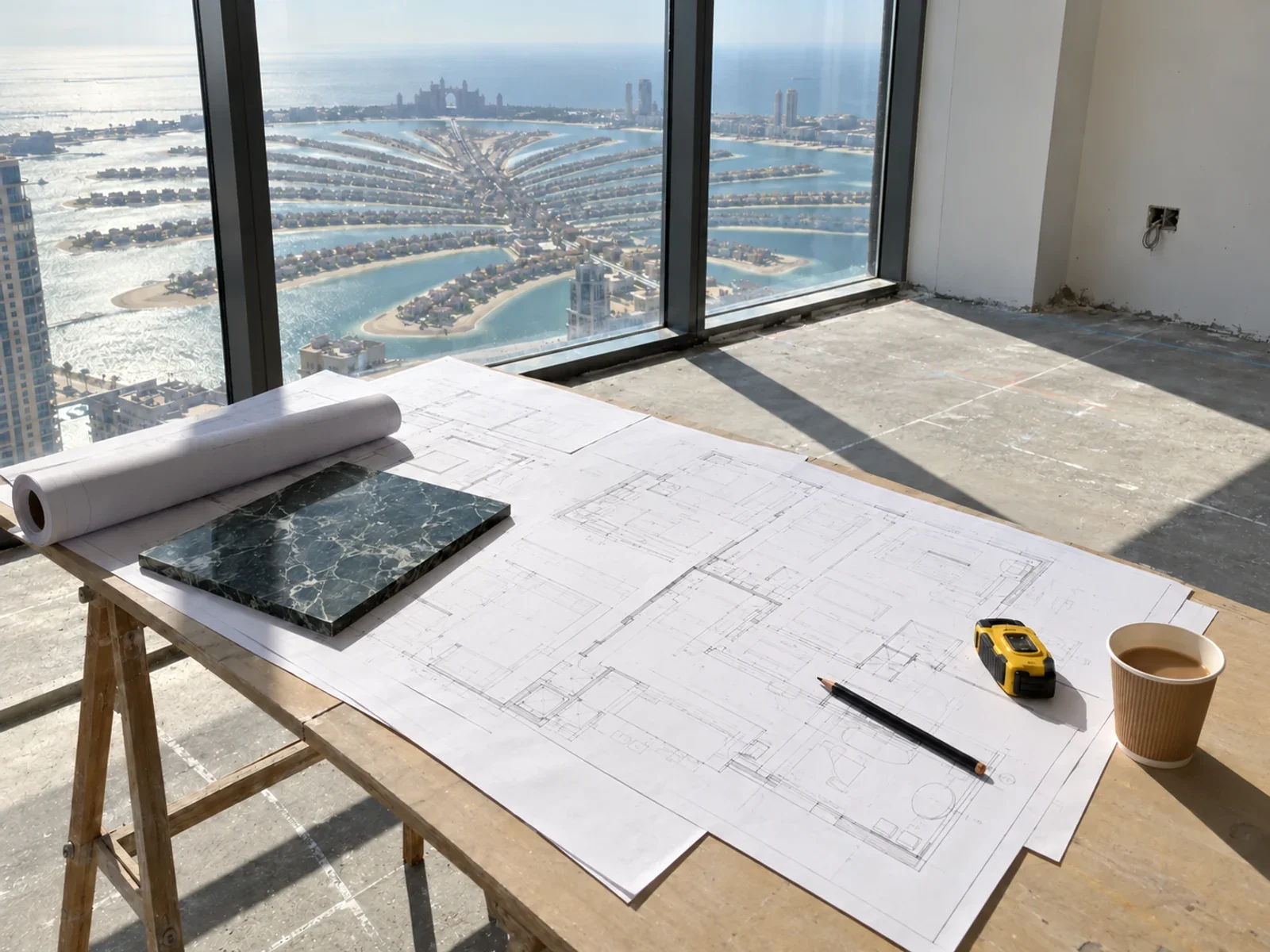 Design samples and drawings on a trestle table in an empty penthouse overlooking Palm Jumeirah